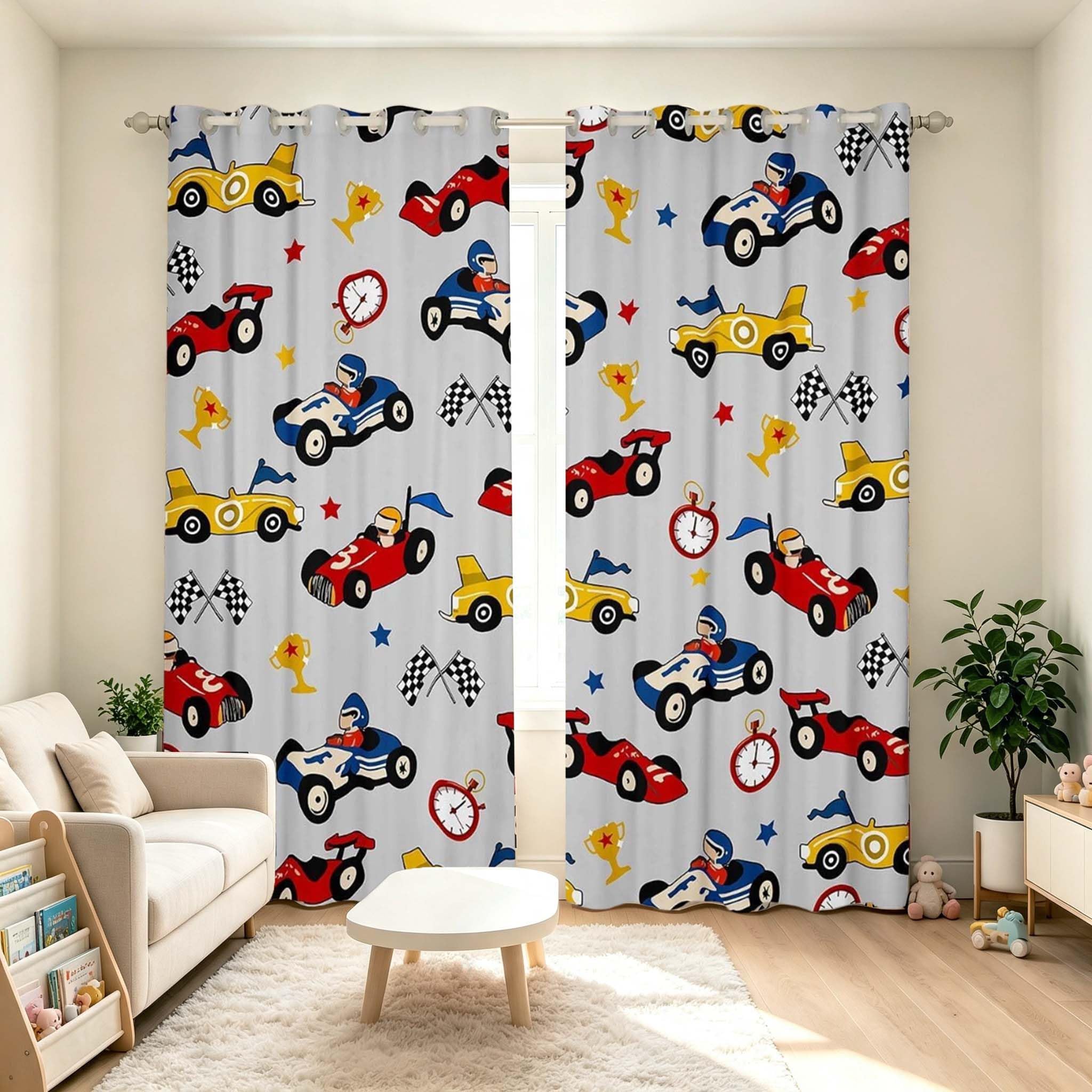 Homemissing Kids Cartoon Car Window Curtains for Bedroom Living Room Racing Car Curtains for Kids Teens Boys Girls Race Cars Window Drapes Soft Grey Blackout Curtains, W46*L72,2 Panels โ image 1