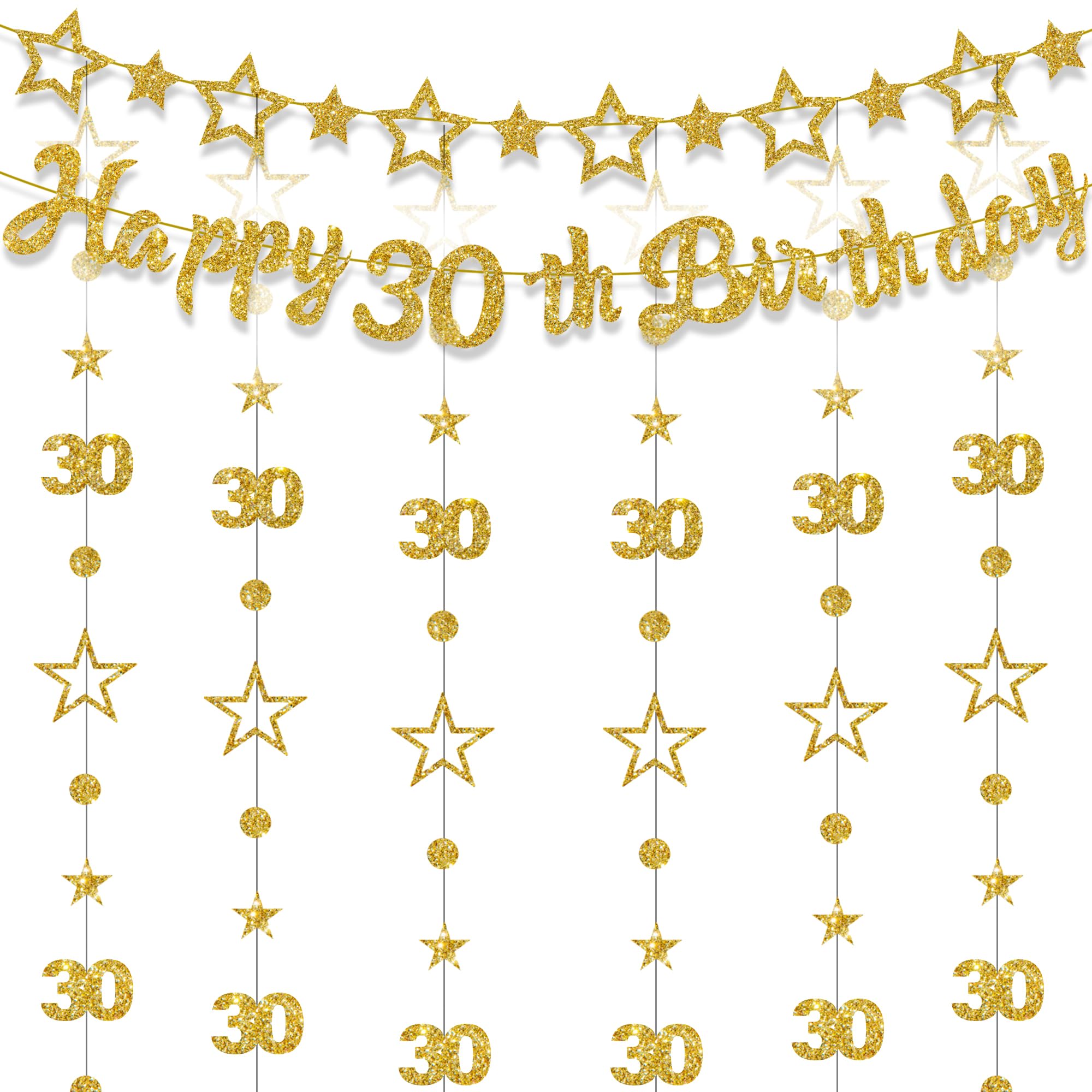 30th Birthday Decorations Set Gold - 8 Pcs Happy 30th Birthday Banner and Star Shaped Gold Banners and Star Streamers for Men 30th Party Celebration and Birthday Party Decor