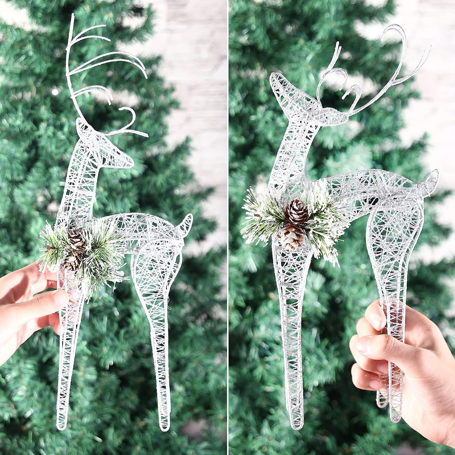 2pc Set White Pinecone Rattan Silver Thread String Christmas Reindeer Figurine Table Desk Decorations Glittering Xmas Holiday Party Supply
