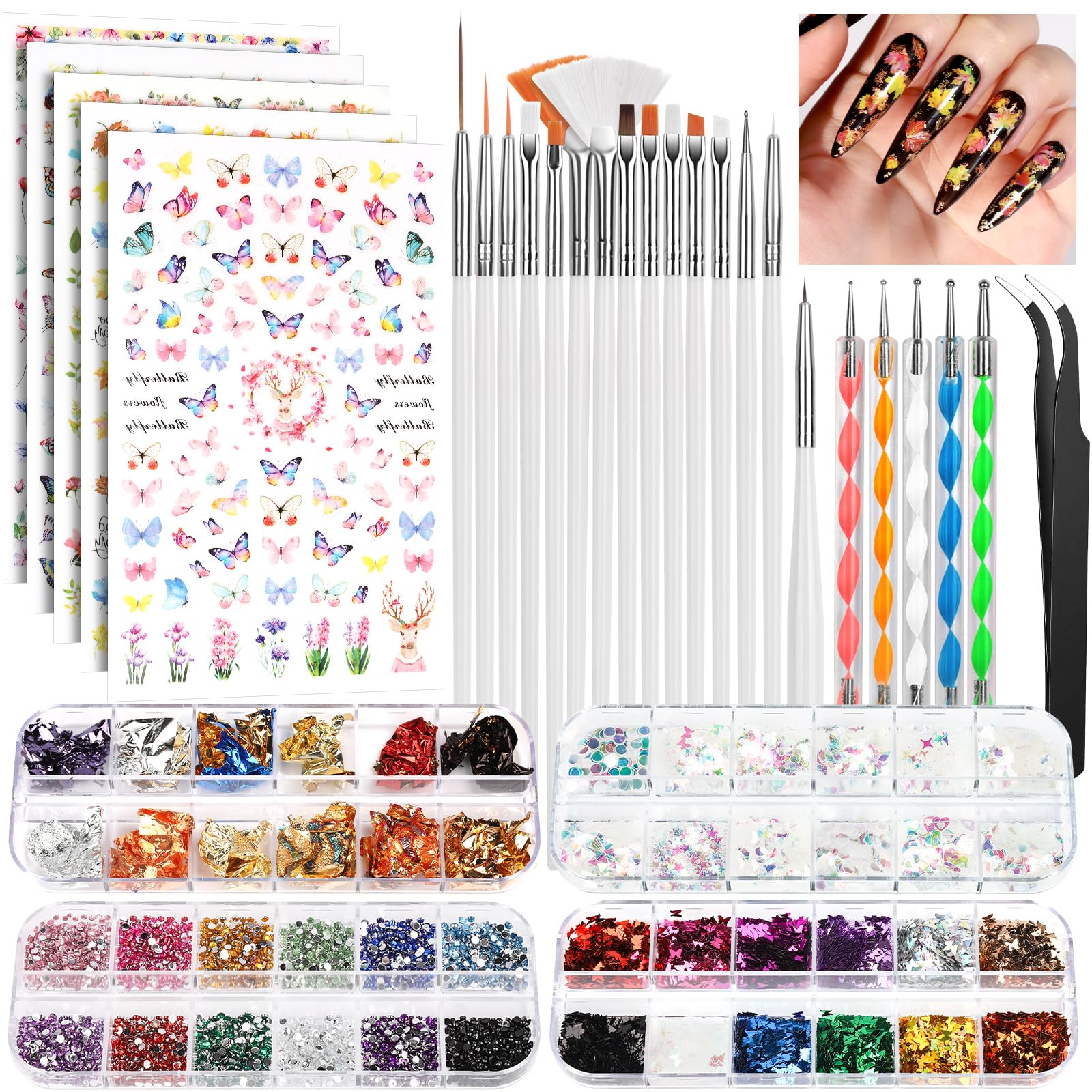 FANDAMEI Nail Tools, Nail Art Brushes Set, Nail Art Dotting Tools, Nail Stickers, Butterfly Nail Art Sequins, Nail Foils, Nail Art Flakes Iridescent, Nail Art Kits, Rhinestones For Nails Design