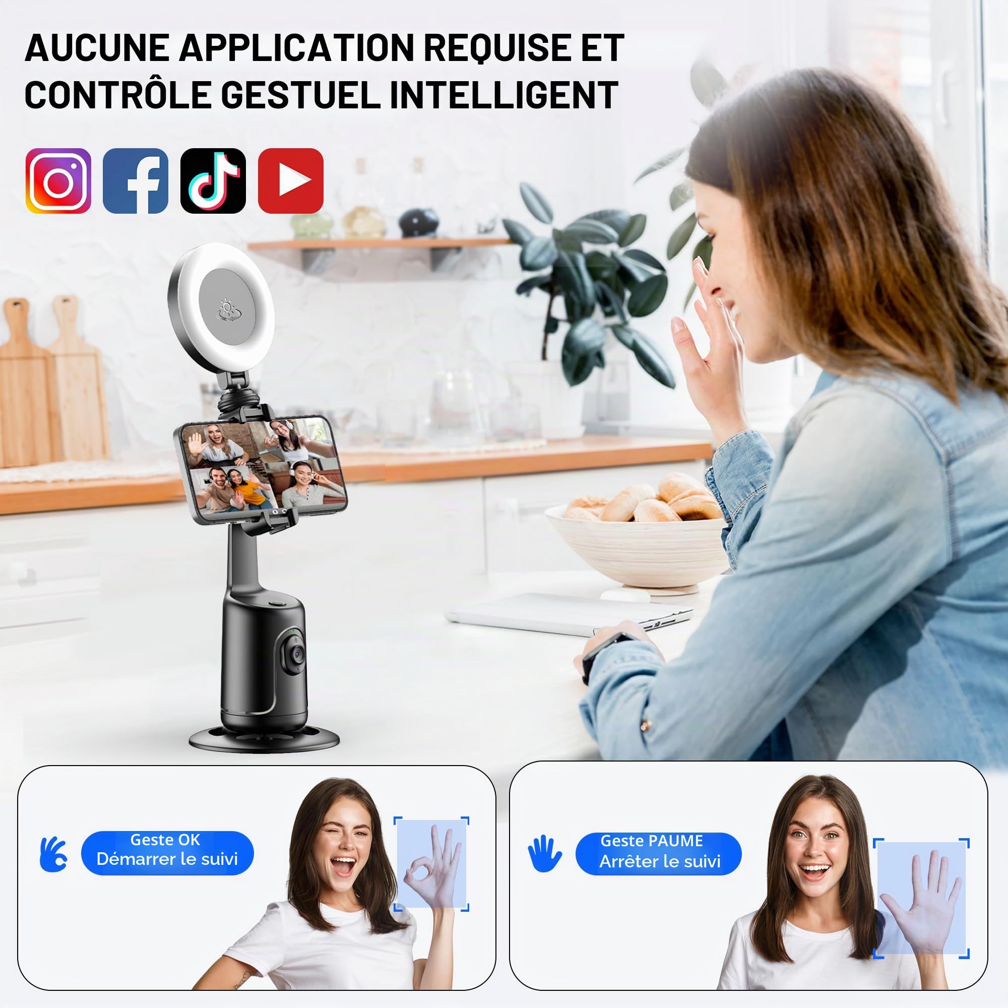 Trépied de Suivi Automatique du Visage 360 avec 2 Ring Light, Support de Téléphone Intelligent Selfie Stick Aucune APP Requise Suivi Automatique Intelligent du Visage pour vidéos Youtube et TikTok