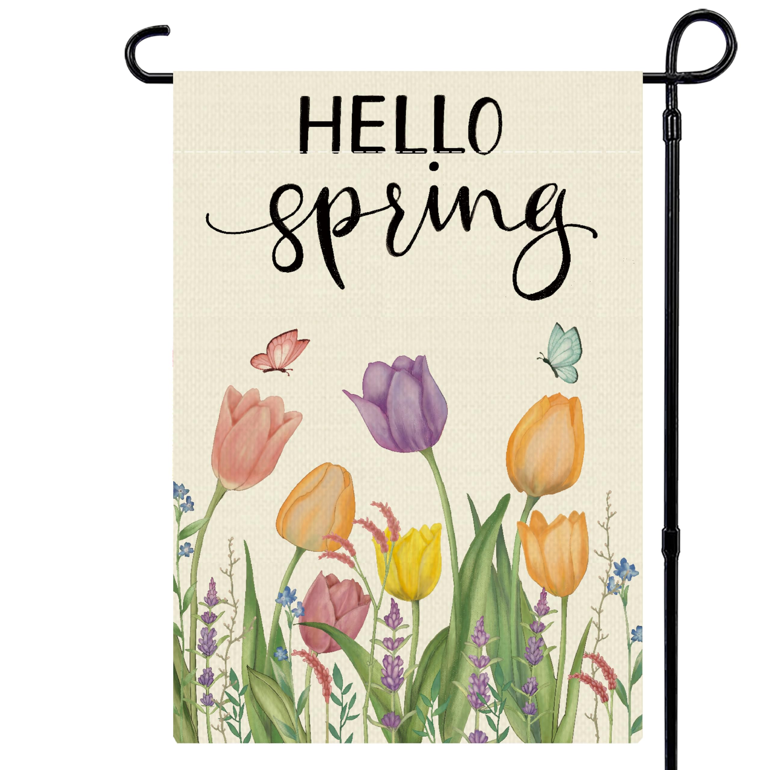 OOHJHY Hello Spring Floral Garden Flag 12x18 Inch Double Sided for Outside, Flowers Small Burlap Seasonal Yard Flag for Outdoor Decoration