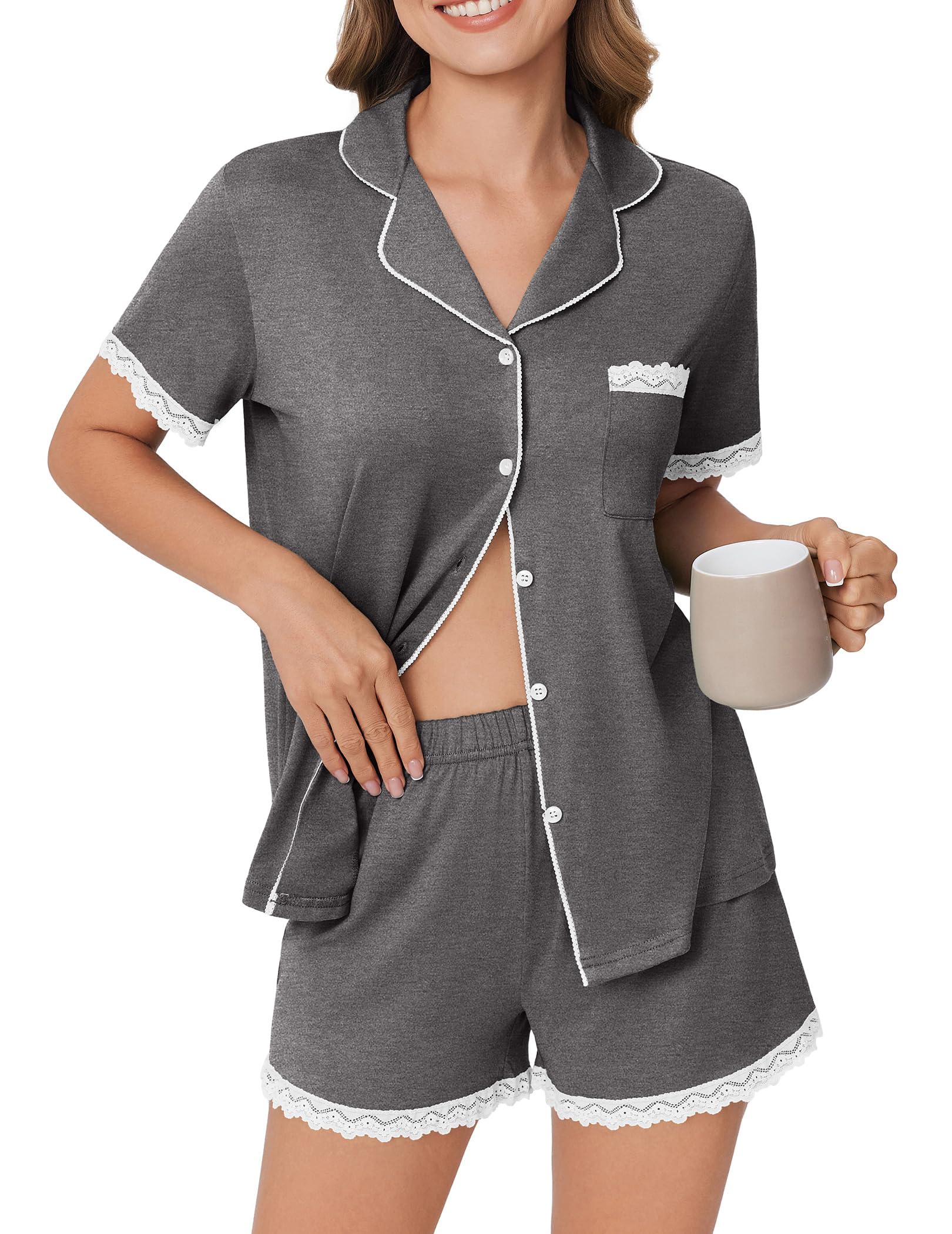 Ekouaer Womens Short Sleeve Pajamas Set Soft Sleepwear Button Down Lounge Set Lace Top and Shorts Pj Nightwear
