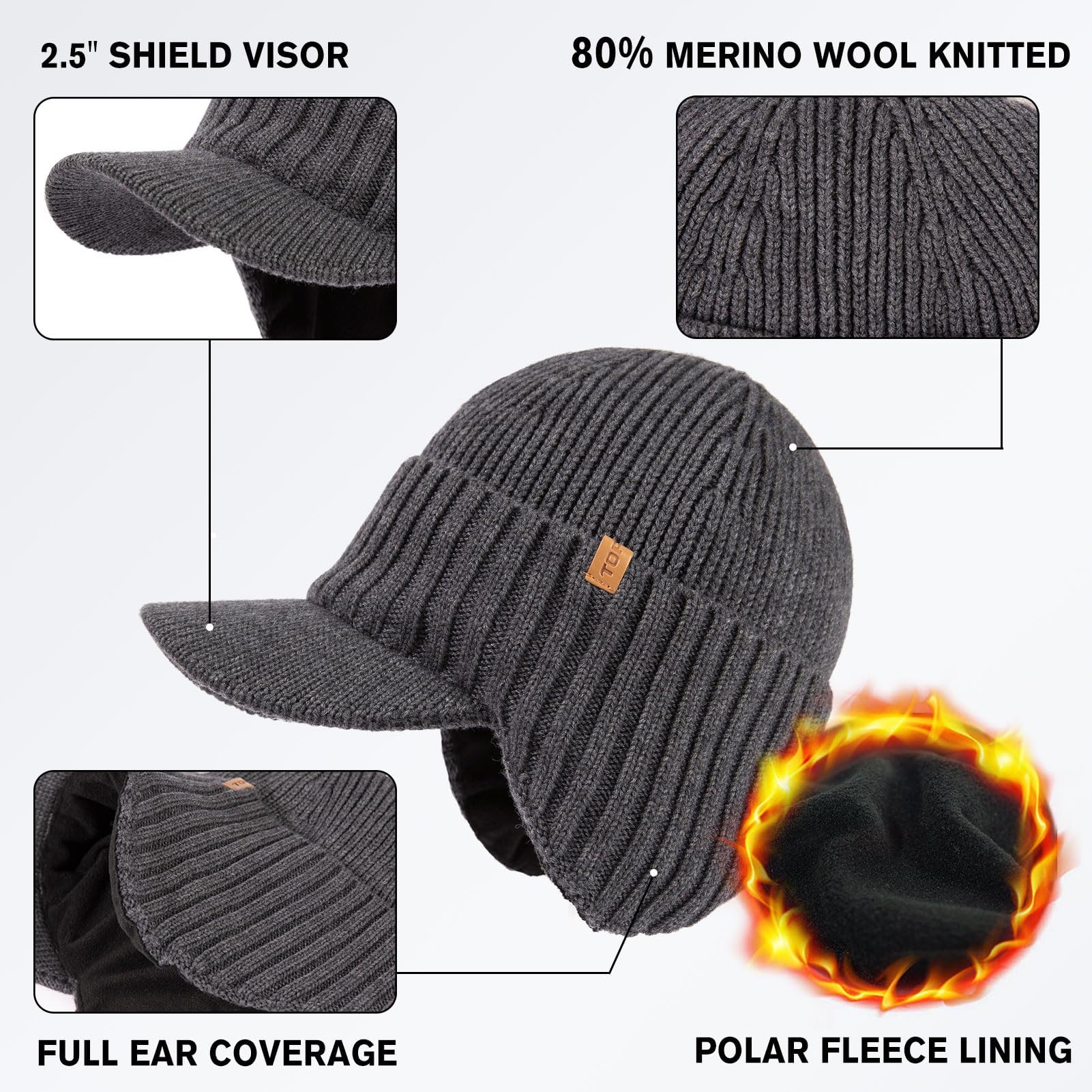 TOP-EX DryKnit™ - Berretto da uomo con visiera in 80% lana merino, impermeabile, con paraorecchie e fodera in pile, con visiera termica invernale da golf, per la stagione fredda, M-XXL