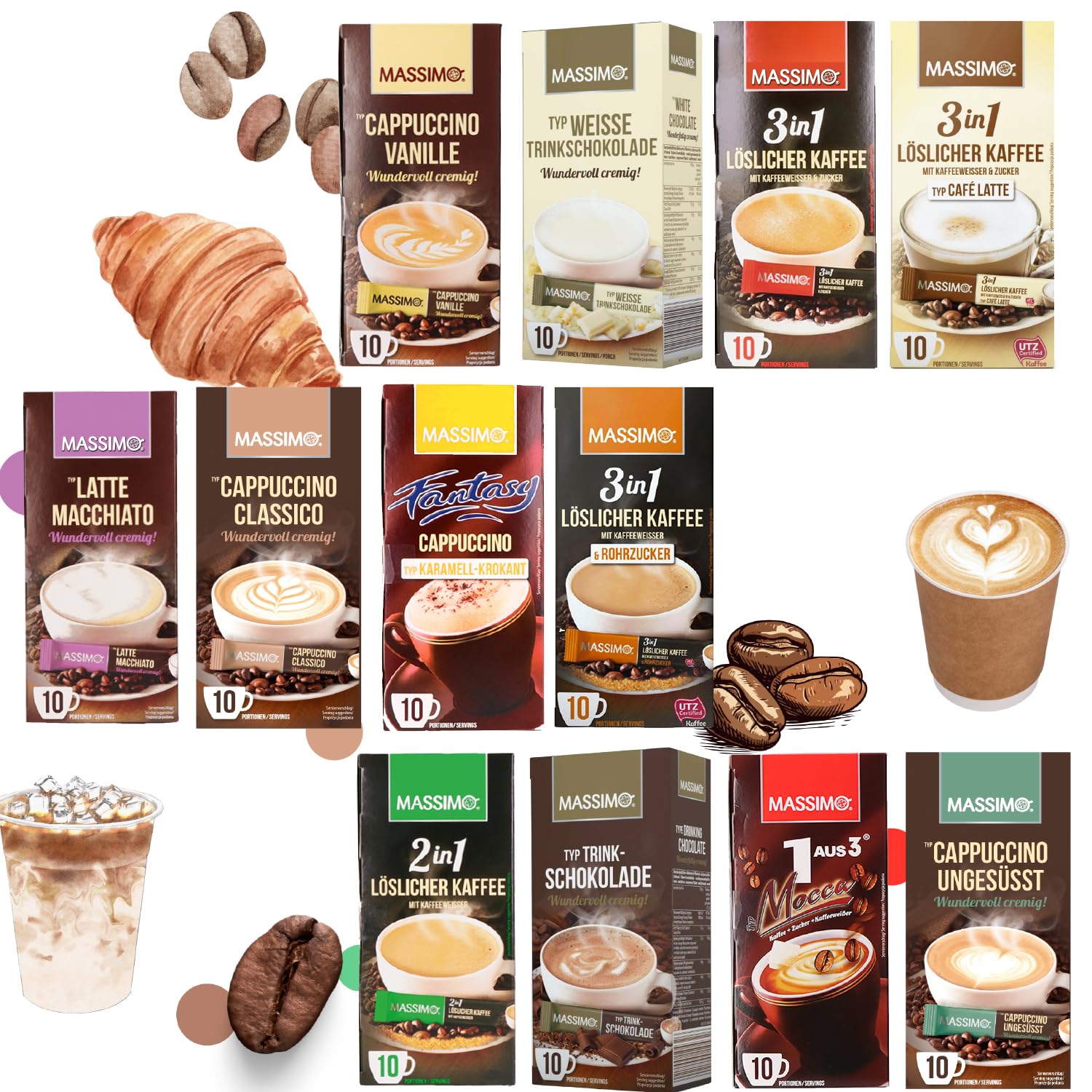 MASSIMO Instant Kaffee Sticks - Alle 12 Sorten - löslich, schnelle Zubereitung - 12er Probierpack Getränkepulver - Kaffeespezialitäten