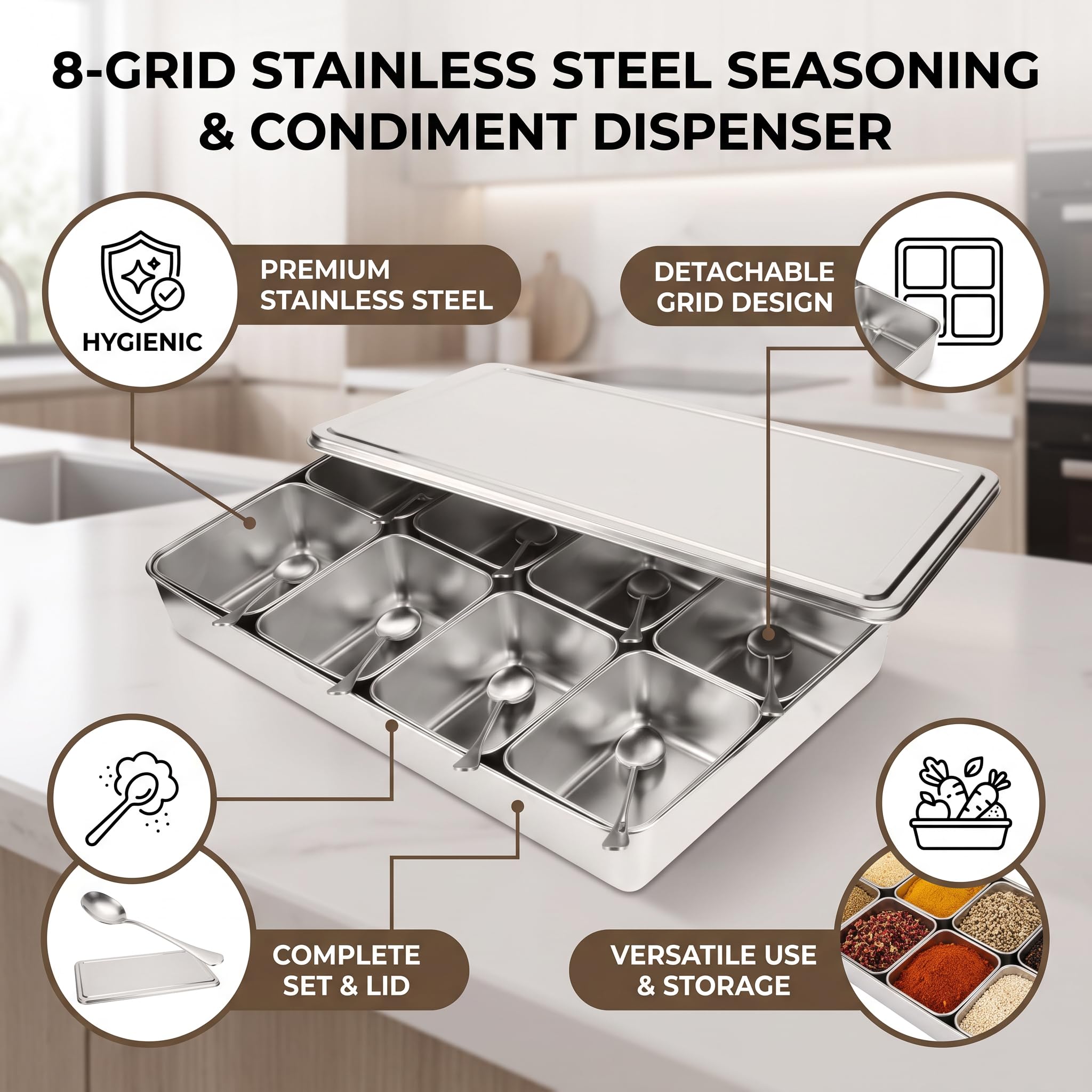 ZJchao Boîte à Épices en Alliage d’Aluminium avec 8 Compartiments – Coffret de Rangement Compact pour Assaisonnements, Condiments et Ustensiles de Cuisine