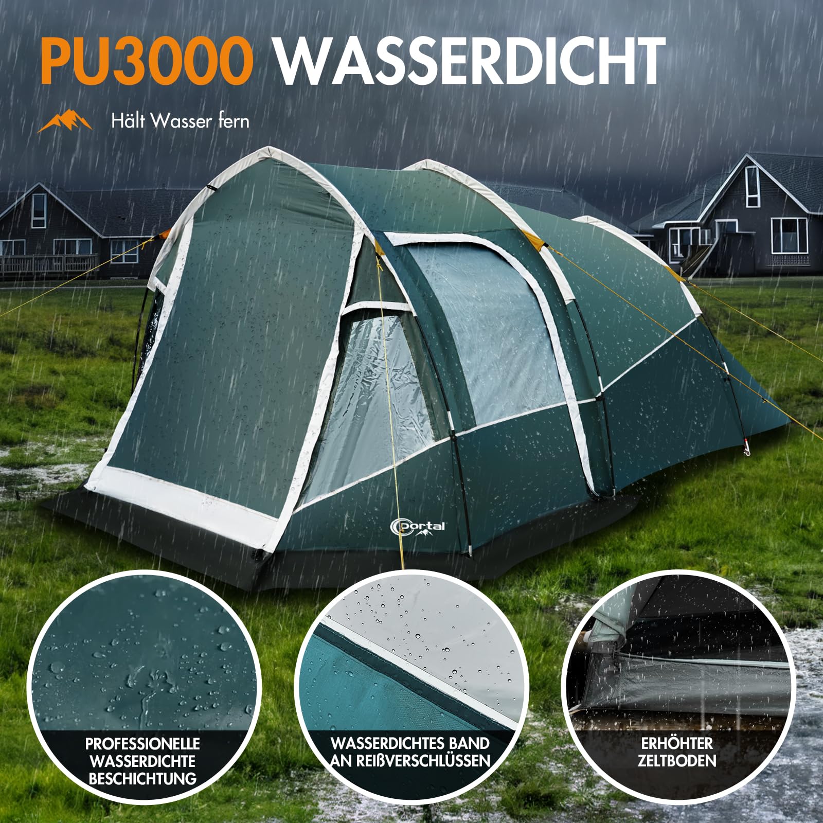 PORTAL Zelt 3 Perosonen Camping Zelt Wasserdicht 3000mm mit Vorzelt Fenster 3 Mann Tunnelzelt Familienzelt Festivalzelt für Camping Reise Trekking Garten