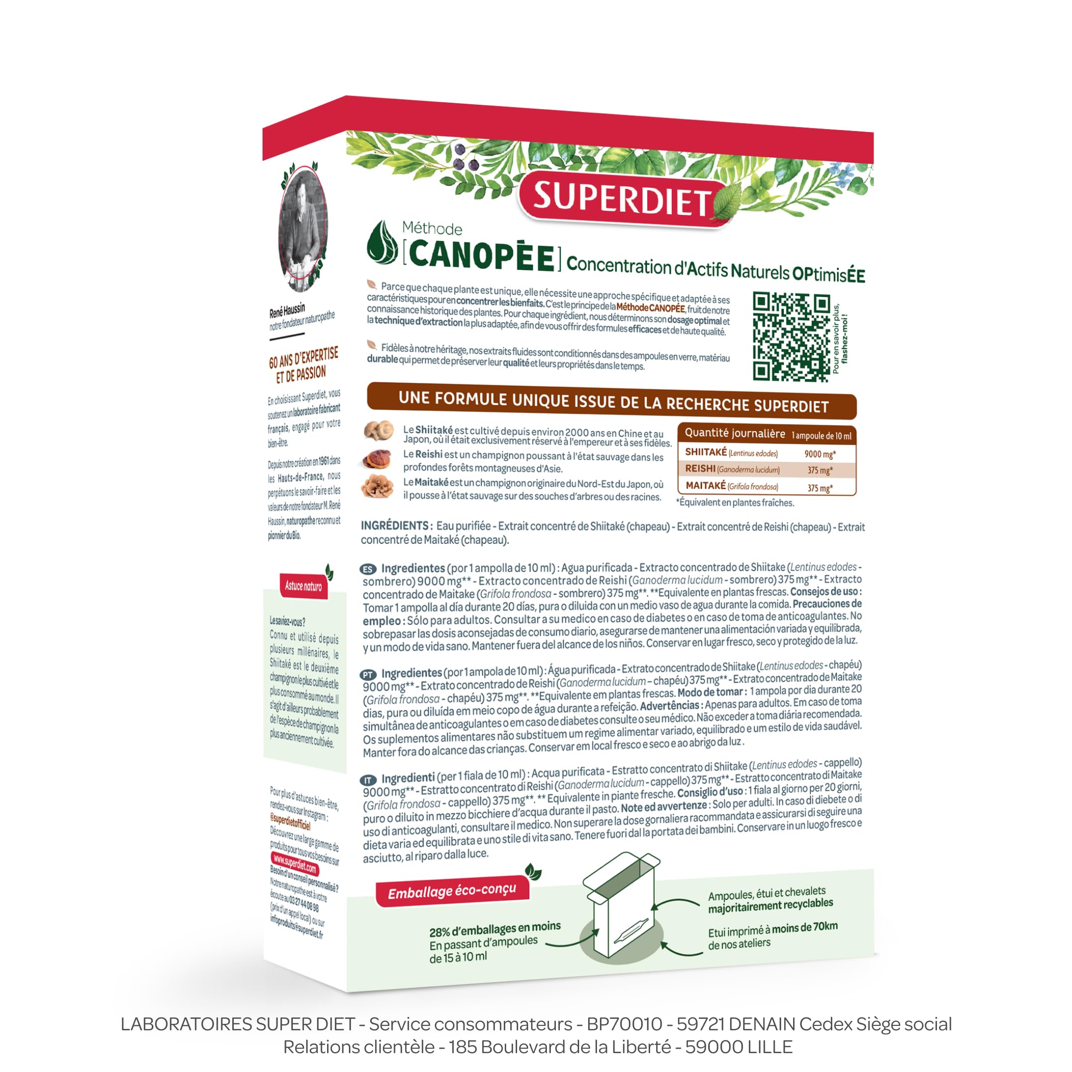 Shiitaké Reishi Maitaké - Champignons 100% français - Immunité - Ampoules | Cure 20 ampoules 10ml-Shiitaké 9000mg, Reishi 375mg, Maitaké 375mg-Méthode culture Japonaise-Fabrication Française-Superdiet
