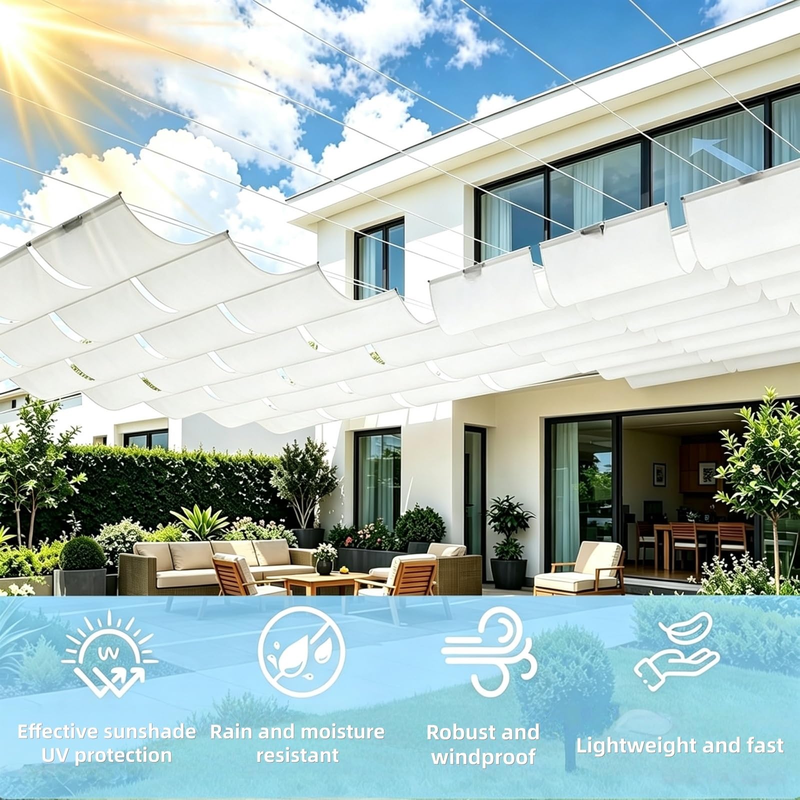Uv-Beständig Markise Anwendbar 145 x 420 cm Wasserdicht, 98% Uv-Schutz Markise Reißfest Verstellbares Sonnensegel mit Zugseil & Ösen für Terrasse, Pergola, Garten, Weiß