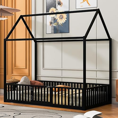 Miniatura 45 de Cama de metal de tamaño individual con valla para niños, adolescentes, niñas, niños, cama de piso de casa, camas Montessori, se puede decorar marco