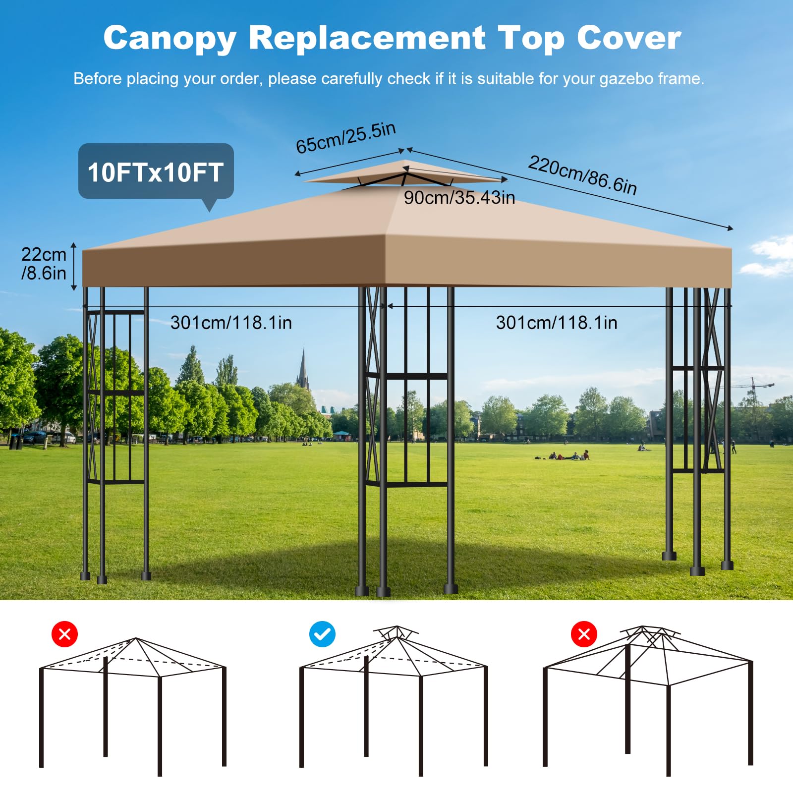 Toldo Recambio Pergola 3x3 m, Techo de Repuesto con Ventilación para Cenador de Jardín, Cubierta Amovible Lona Impermeable con Protección UV para Barbacoa, Bodas, Fiestas y Camping(Caqui)