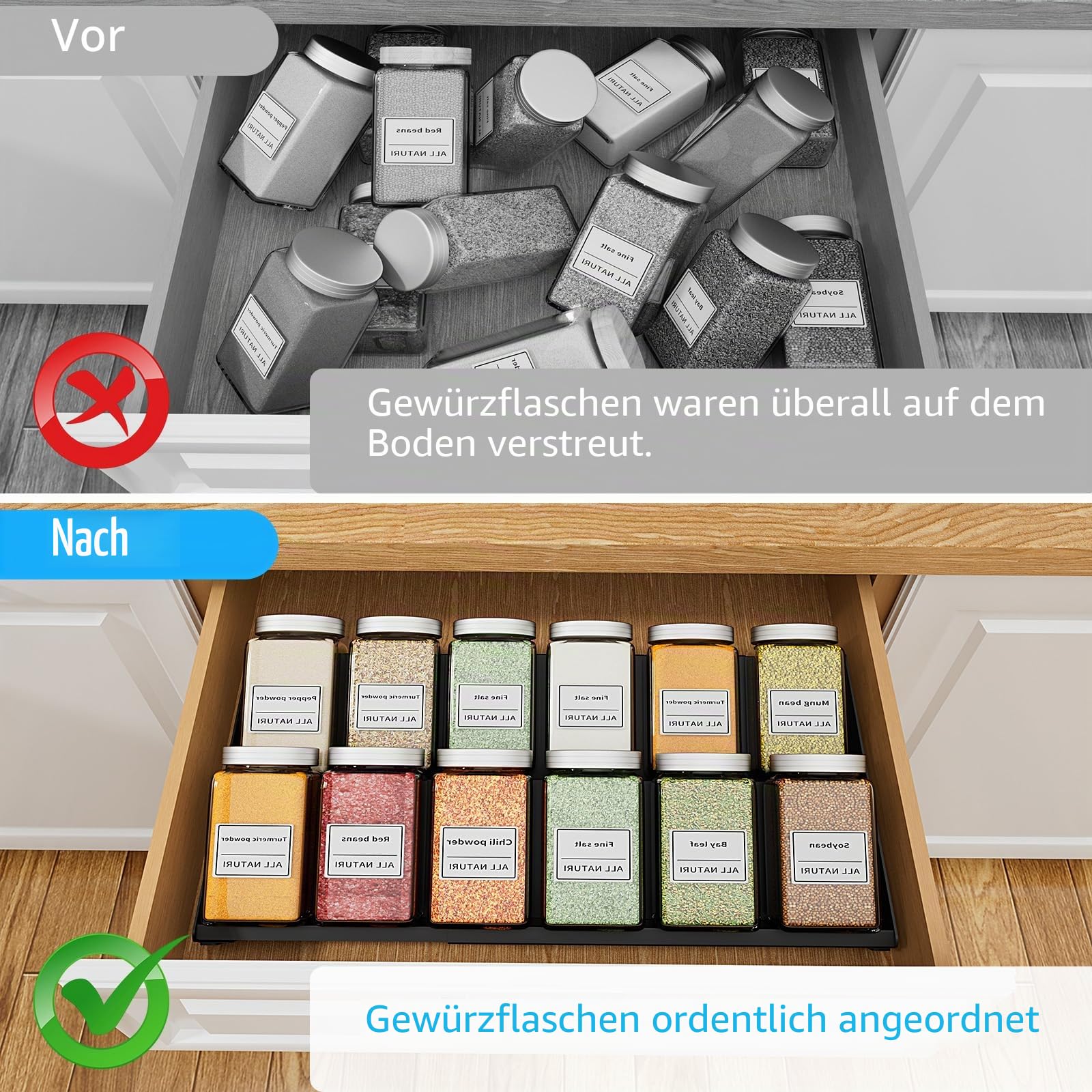 BOIVSHI Platzsparendes 2-in-1-Gewürzregal für den Schrankinnenraum, schwarzer Küchen- und Gewürzorganizer, 3-stufiger Gewürzbehälter-Organizer