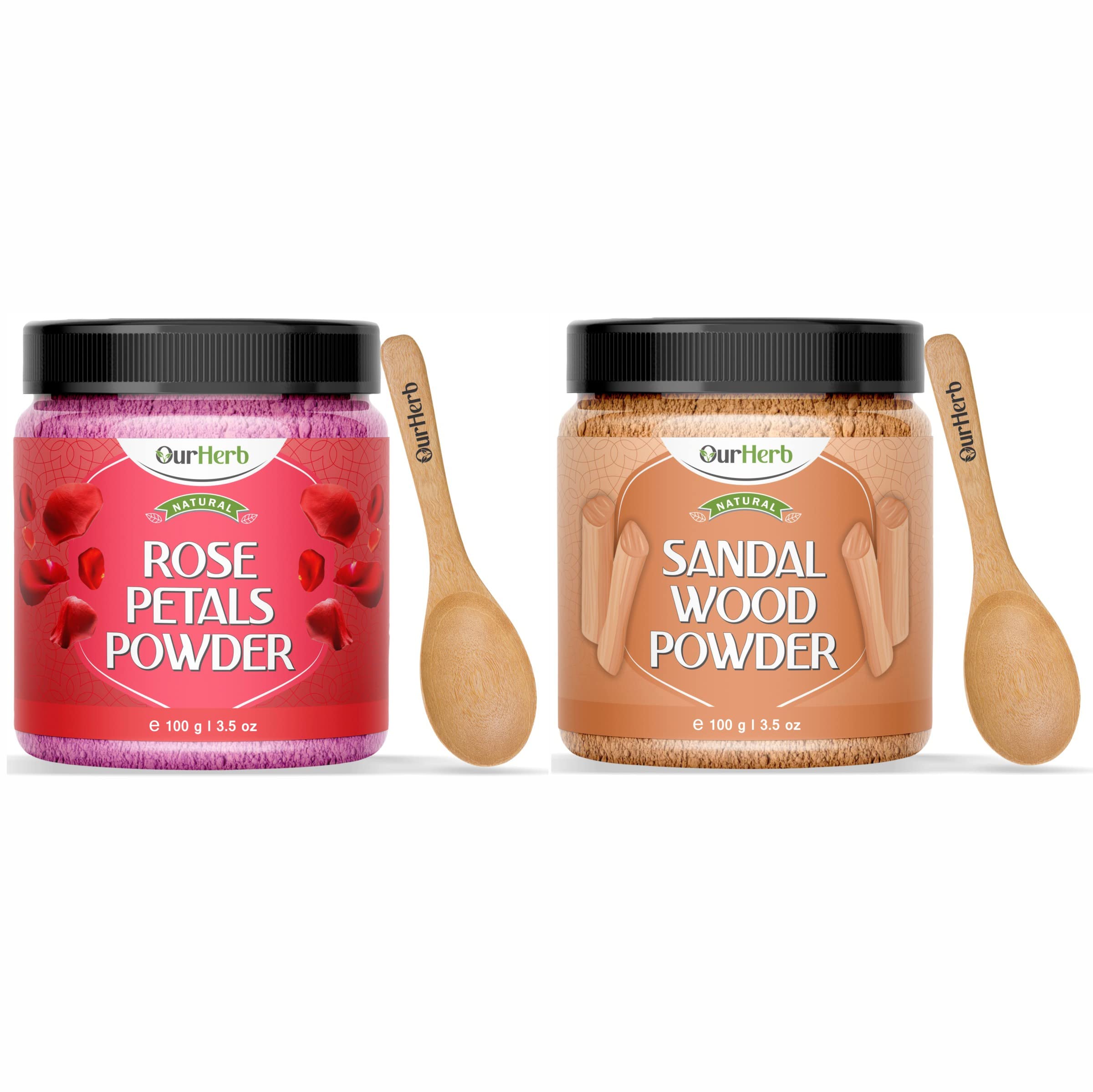 OurHerb Rose Petal and Sandalwood Powder Face Pack Pure & Natural Skin Whitening, Face mask and Facial, for All Type of Skin Care with Wooden Spoon Combo Pack - 200g (100g X 2)