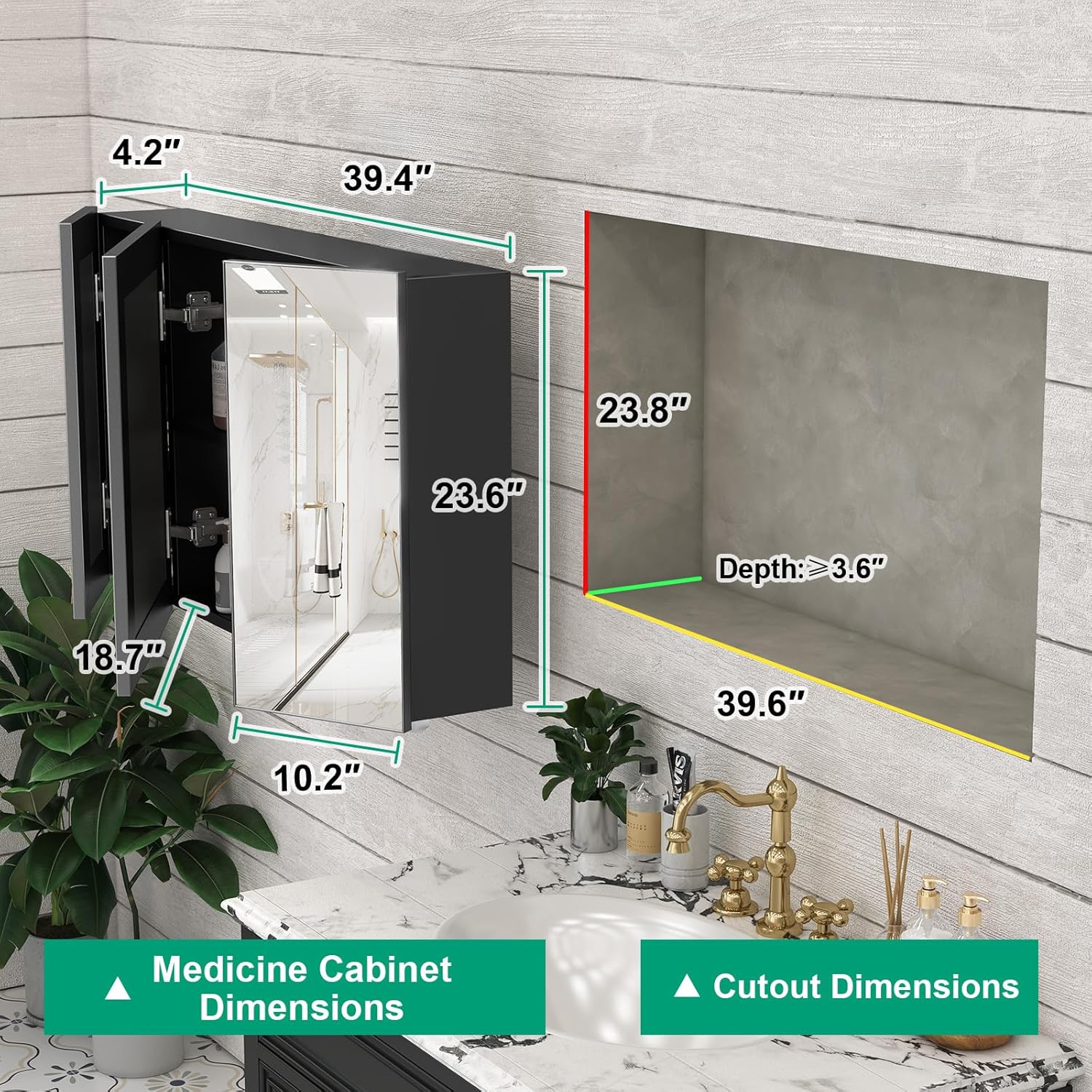 24x40 Inch Medicine Cabinet Mirror with Storage, Medicine Cabinet with Mirror, Surface or Recessed Mount Bathroom Medicine Cabinet with Storage for Modern Farmhouse, Black
