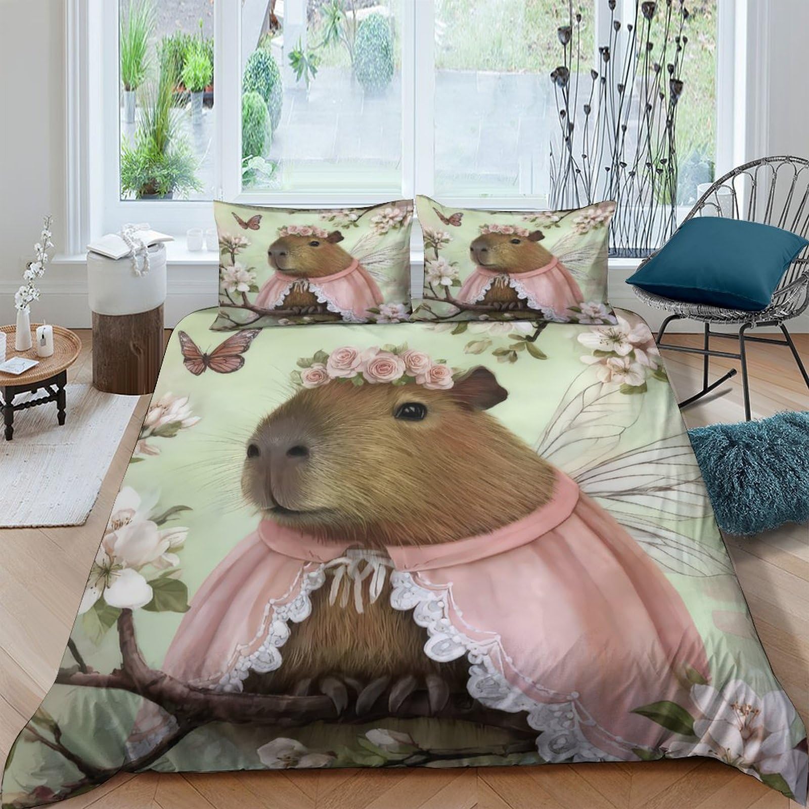 Ctjqhvkz Style-3 3D Printed Capybara Floral Fitted Sheet Microfiber Soft Pink Animal Bed Sheet For Bedroom Guest Room Decor Single（135X200cm）