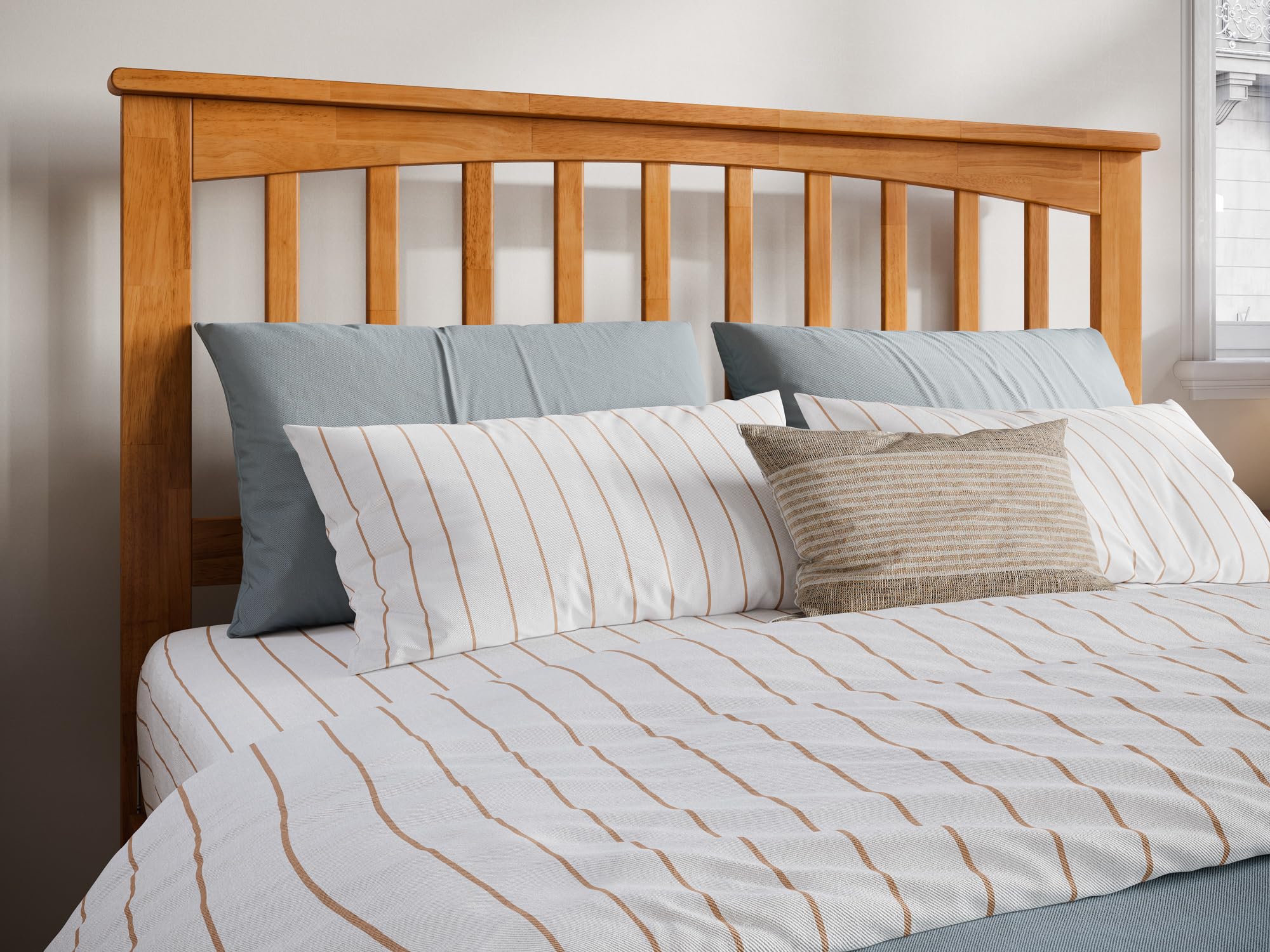 AFI, Mission Full Solid Wood Headboard with Attachable Charger, Light Toffee