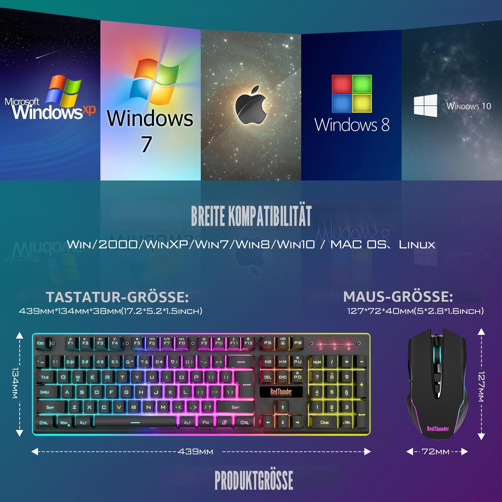 RedThunder K10 Gaming-Tastatur, mechanisches Gefühl, RGB-Hintergrundbeleuchtung, wiederaufladbarer Akku mit 3800 mAh, Anti-Ghosting + 7D-Maus, 3200 DPI, ES-Layout, für PC/PS5/Xbox, Schwarz