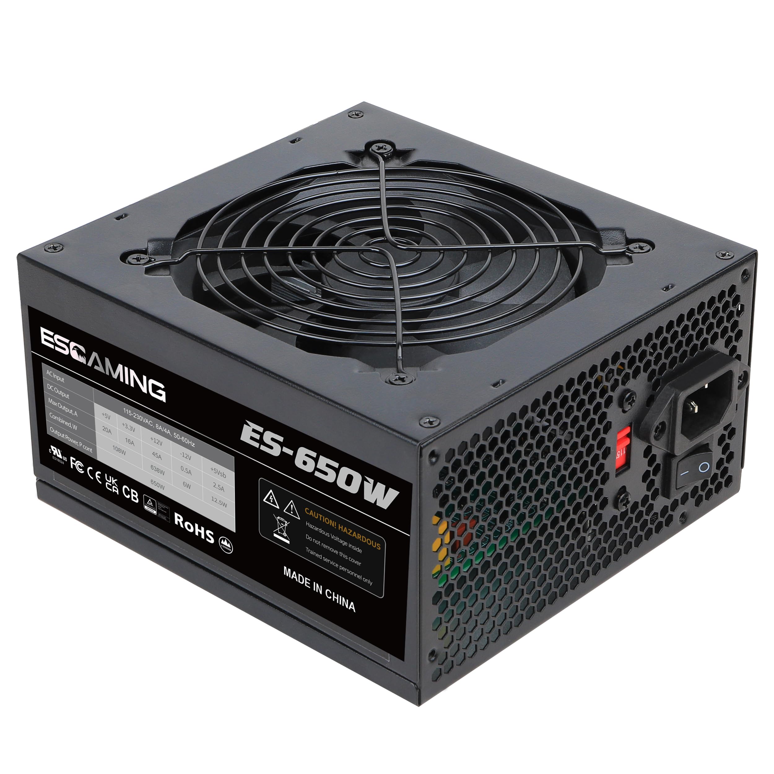 ESGAMING 650W Low-Noise 120mm Fan ATX PSU pour Joueurs, Protection PFC avec Changement de Voltage 115/230 Volts