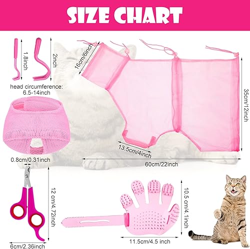 Miniatura 8 de Juego de 5 bolsas de baño para gatos, bolsa de aseo para gatos, bolsa de red ajustable para ducha de mascotas, bozales para gatos, antimordeduras,