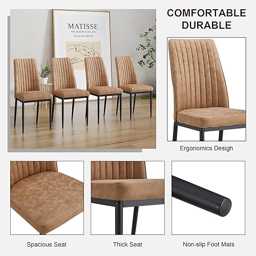 Miniatura 5 de Juego de 4 sillas de comedor modernas, color marrón, sillas de metal con tela de cuero y patas cromadas con respaldo alto, sillas de cocina de metal