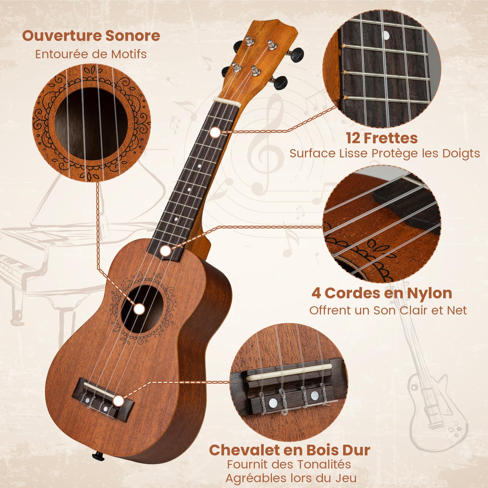 COSTWAY Ukulélé Soprano en Acajou avec 4 Cordes en Nylon, Ukulélé Kit 21 Pouces avec Sac de Transport, Sangle, Médiator, Instrument de Musique Éducatif pour Débutants Garçons Filles
