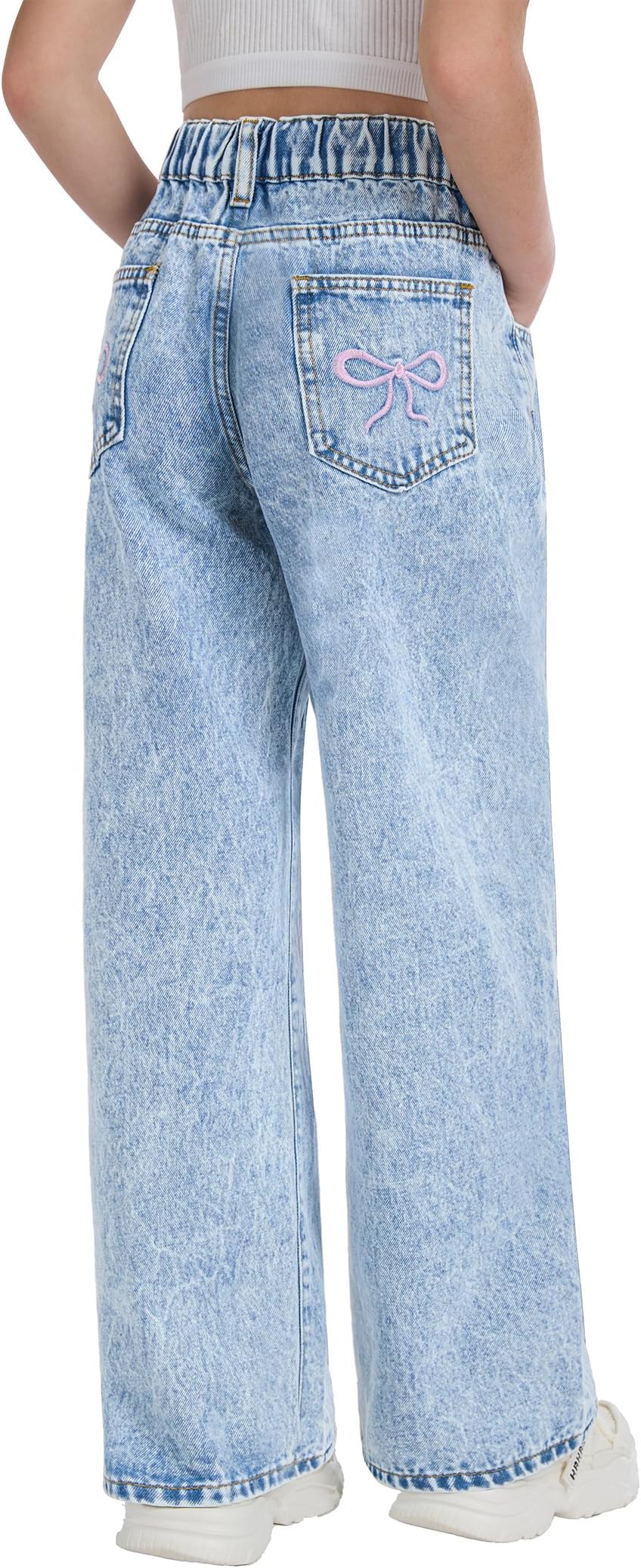 Jeans for Girls Baggy Wide Leg Cute Bow High Elastic Waisted Denim Pants Y2K Boyfriend Skater Streetwear 7-14Y