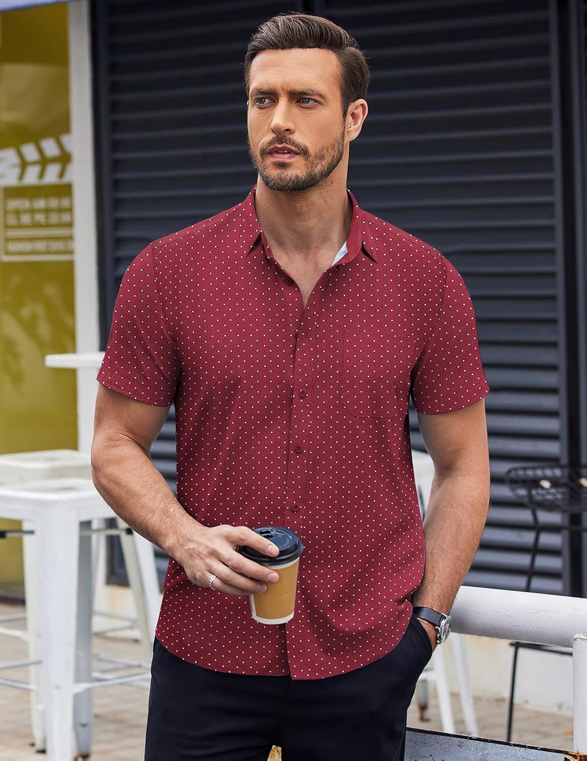 COOFANDY Mens Short Sleeve Button Down Shirts Wrinkle Free Dress Shirts Casual Polka Dot Print Shirt with Pocket - Image 2