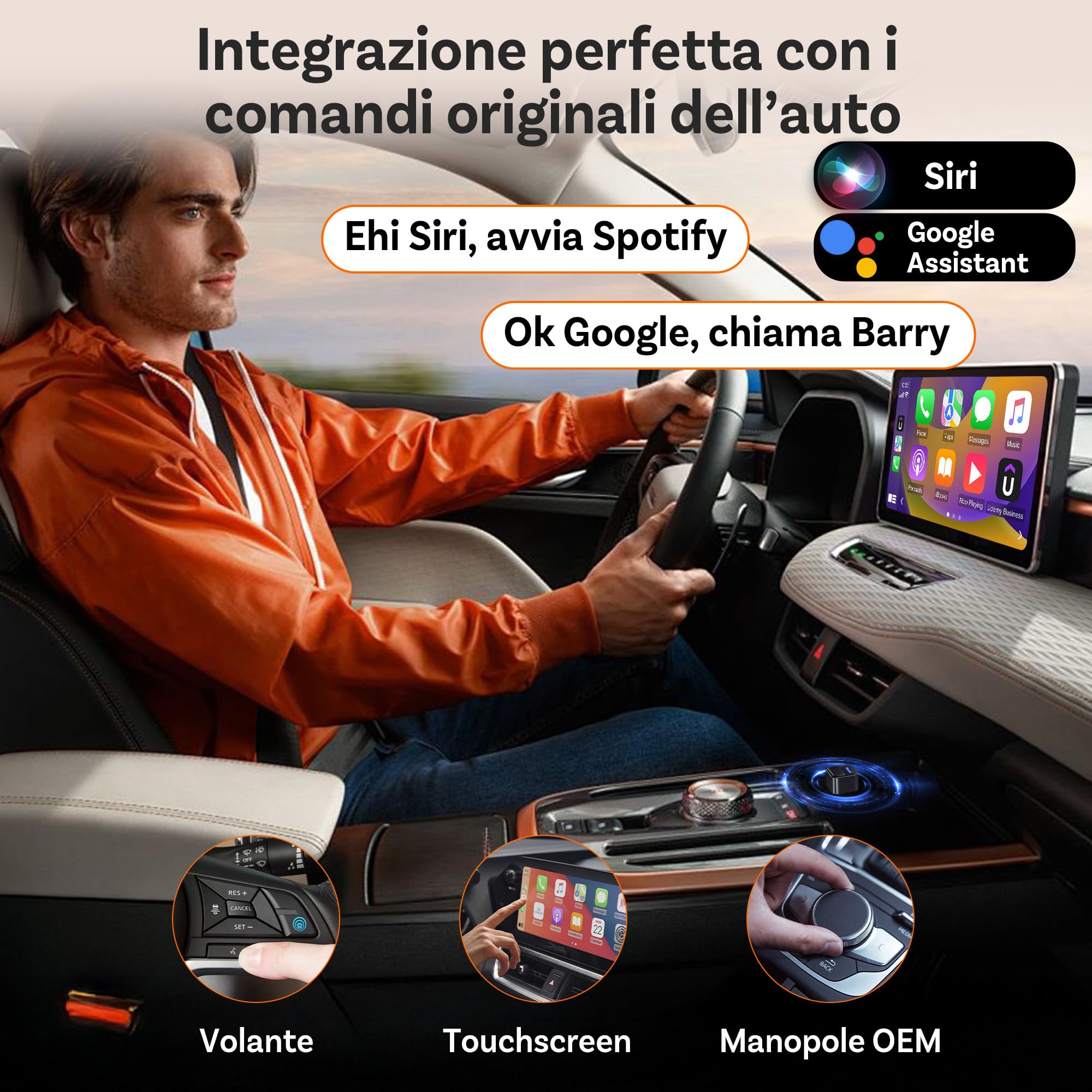 Ottocast Mini Core 2026 Adattatore CarPlay Wireless & Android Auto, Plug & Play, Cambio telefono con un tasto, WiFi 6 + BT 5.4, Riconnessione automatica, Per iPhone 6+ (iOS 10+) e Android 11+