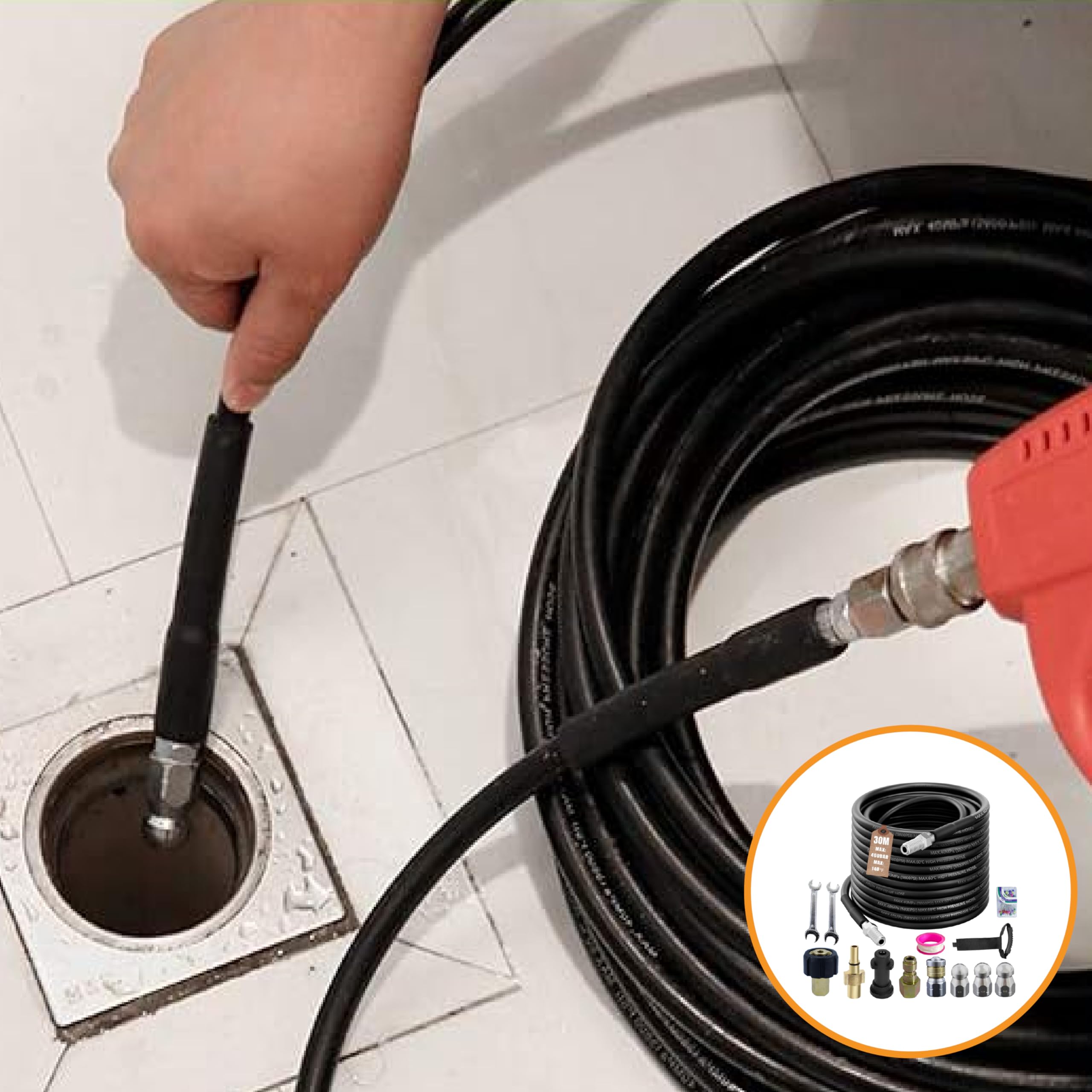 Rohrreinigungsschlauch Set 30m,kompatibel mit Kärcher k2-k7, Lavor, Bosch Hochdruckreiniger,400 Bar / 5800PSI, universal Rohrreinigungsset for Blocked Drains, Gutters & Downpipes