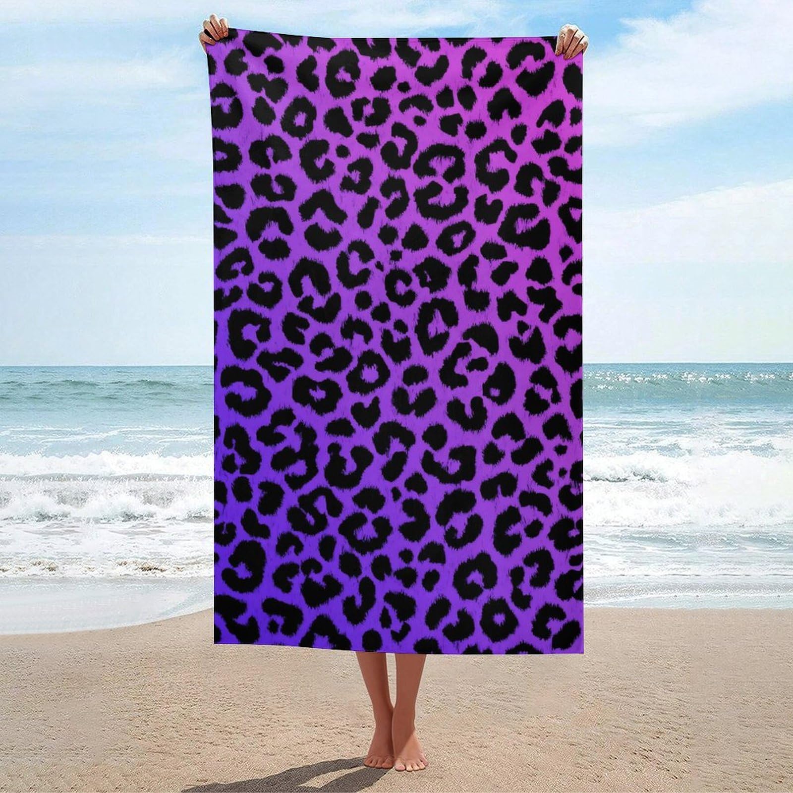 LSRCPD Black Leopard Spots Purple And Violet Beach Towel Sand Free Microfiber Large Shower Towels Multipurpose Absorbent for Bathroom Pool 130x80 CM