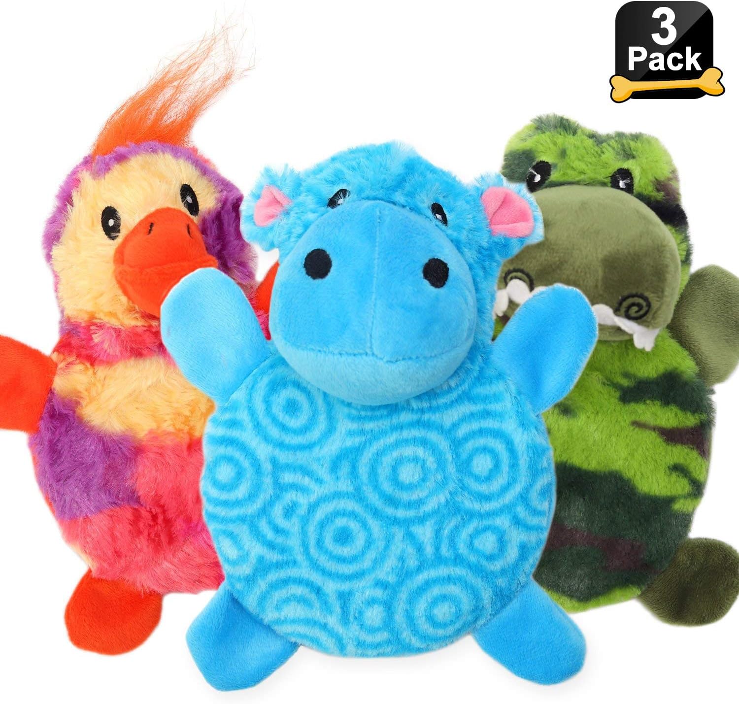 CCCompany Dog Squeaky Toys for Aggressive Chewers, Stuffed Animal Dog Toys with Squeaky Disc Inside Full Body, Tough Plush Chew Toys 3 Pack