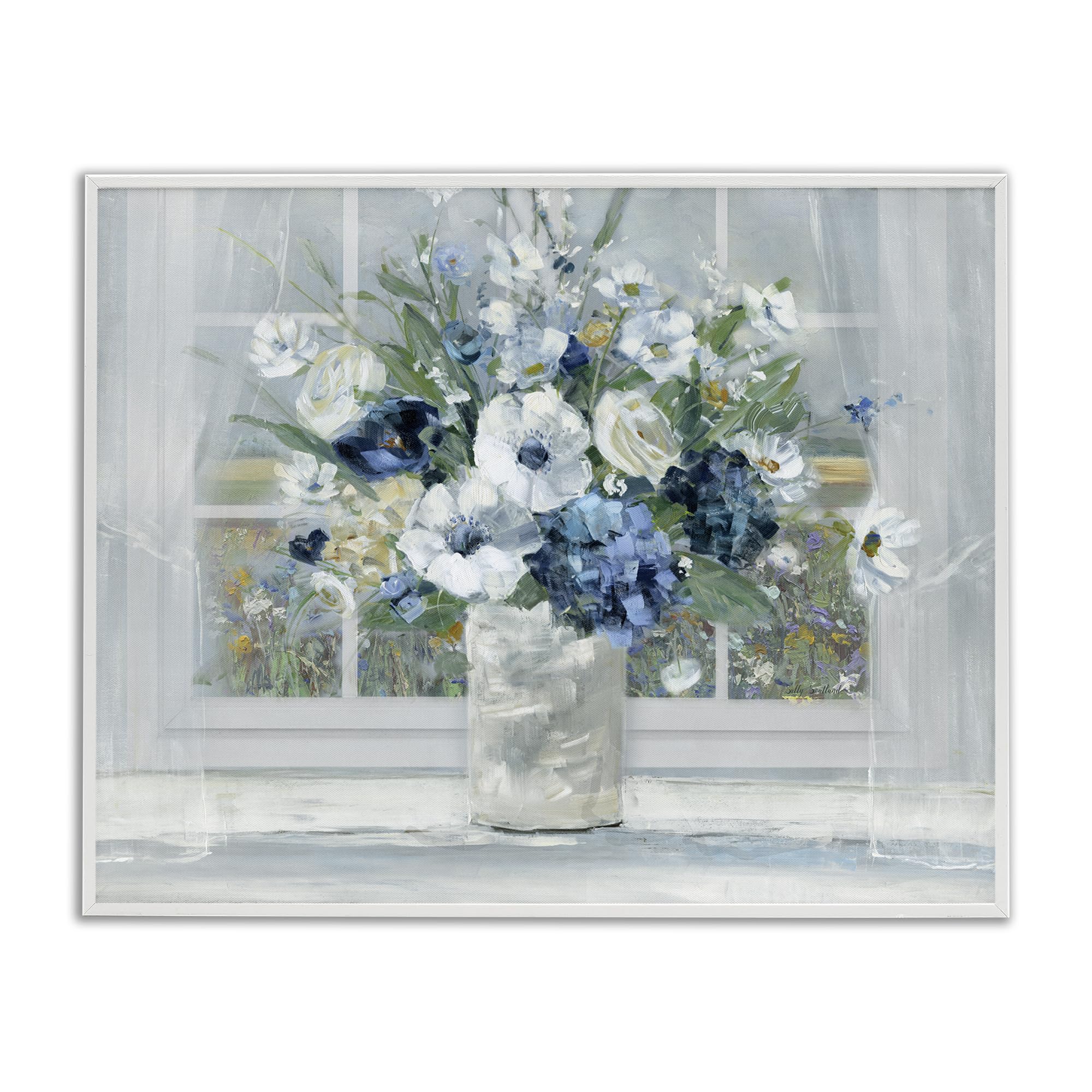 Stupell Industries Coastal White (Textured) Blue Hydrangea Anemone Bouquet Floral, 24 X 30 Inch Framed Giclée Print
