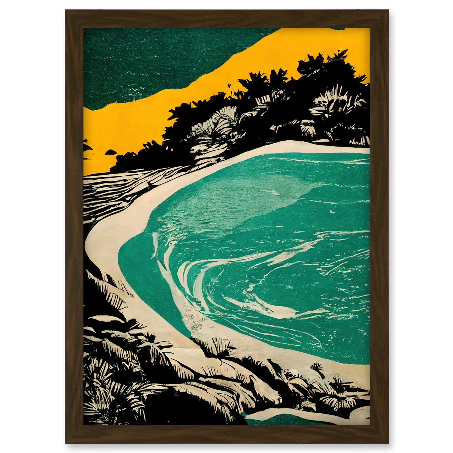 Wee Blue Coo Beach Lagoon Abstract Marbled Seascape Mustard Teal Artwork Framed A3 Wall Art Print