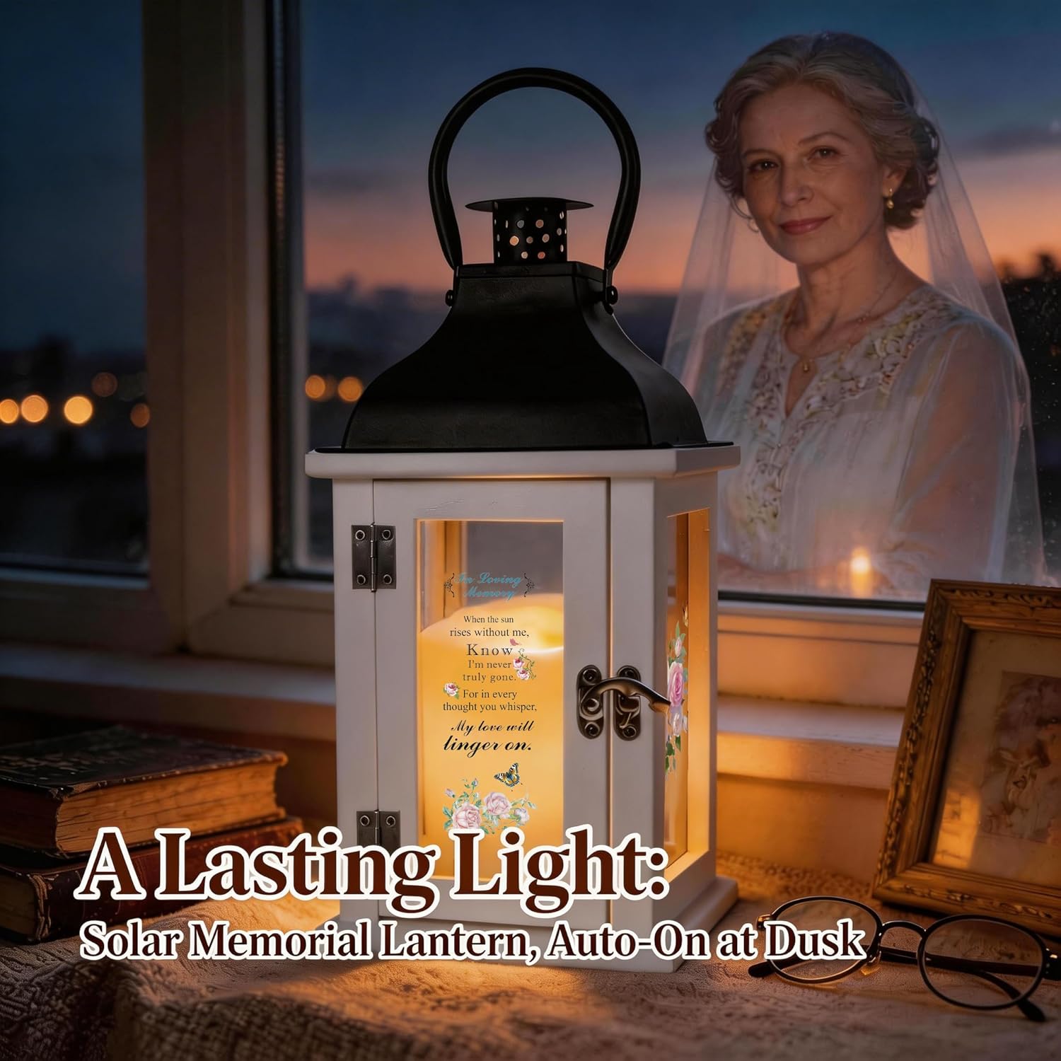 Memorial Lantern Sympathy Gift for Loss of Loved One - Bereavement Remembrance Keepsake Funeral Gift, Solar Powered Lantern with Rose Floral Design Poem, Automatic LED Candle Lantern for Family Loss
