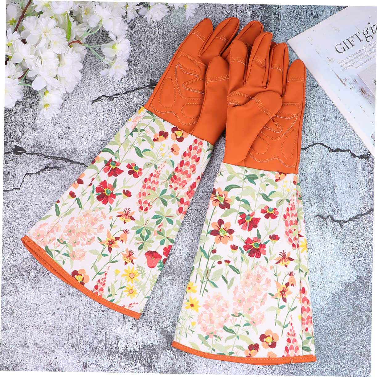ibasenice 1 Par Guantes de Jardinería con Mangas Largas Guantes Estampados para Protección de Jardín Diseño de Puño Extra Marrón