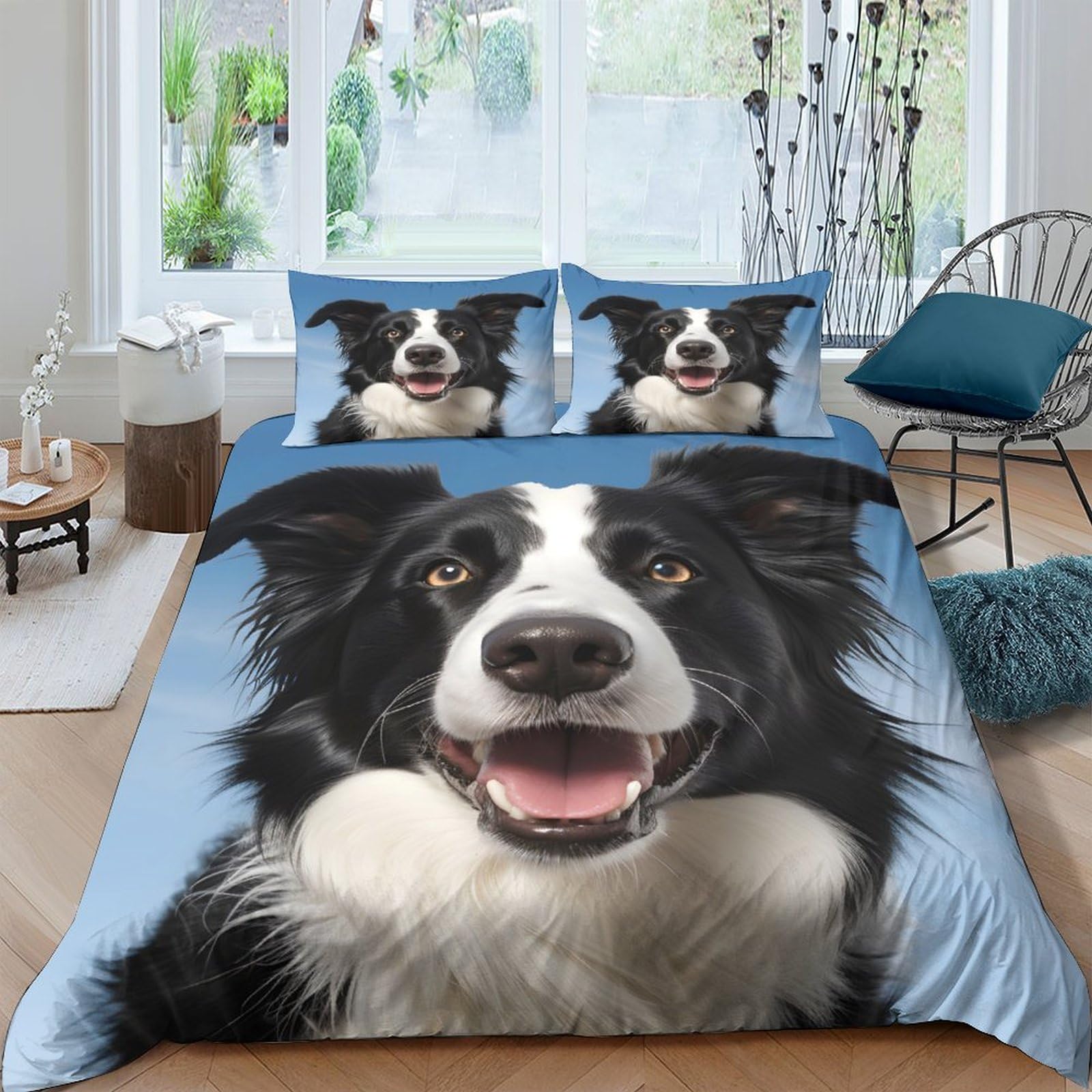 P5V6M1Q9 3D Printed Border Collie Dog Duvet Cover Set Microfiber Soft Breathable Animal Bedding Set with 2 Pillowcases Blue for Bedroom Decor Single（135x200cm）