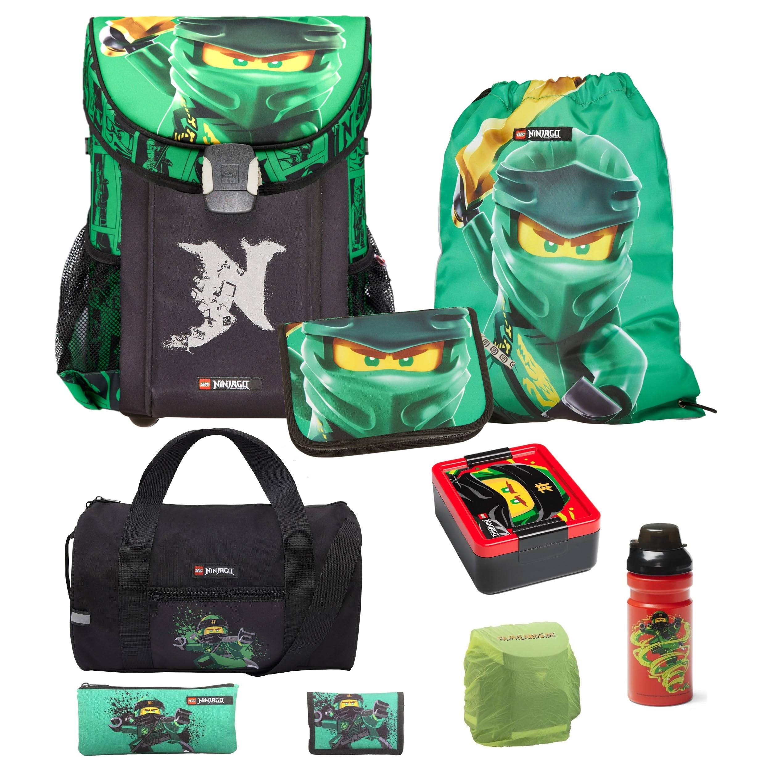 Familando - Schulranzen Set 9-teilig mit Sporttasche - Ninjago Grün - Ergonomisch, stabil & mit gepolstertem Rücken - 790g leicht mit 16L Volumen - wasserabweisend und mit Reflektoren - Ab 1. Klasse