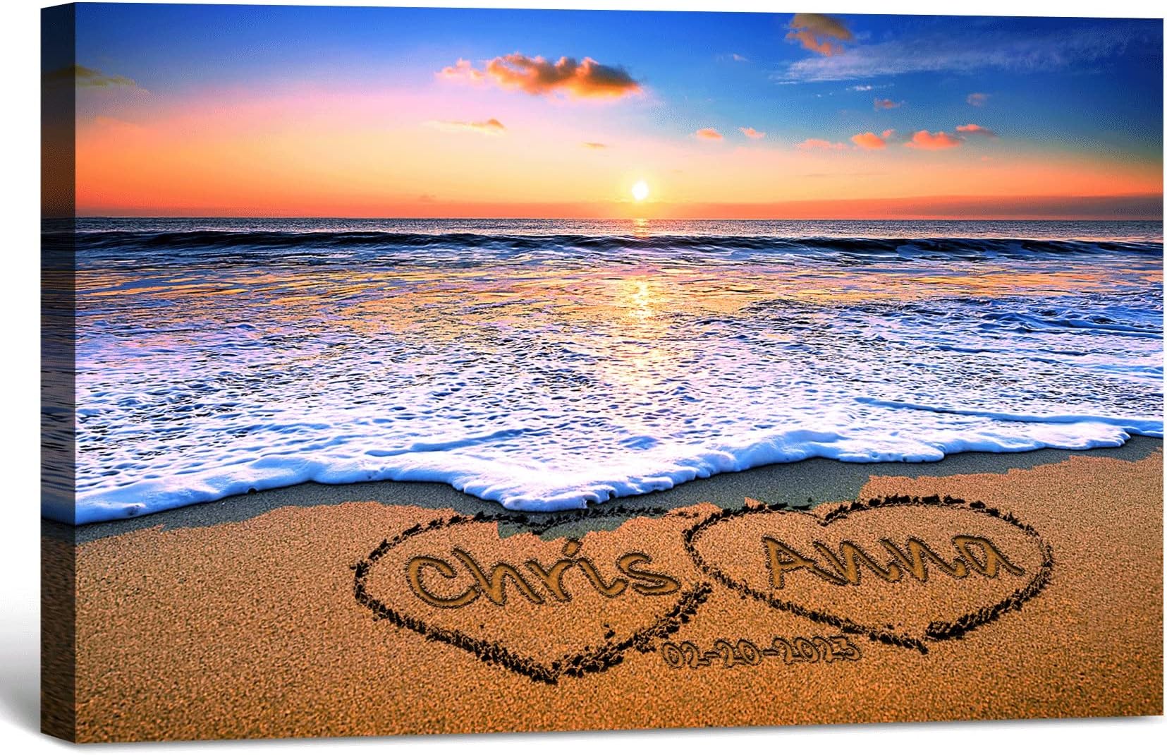 LOVEGIFTS DESIGNS Love on Beach- Personalized canvas prints with couple's names and date,for Anniversary, Wedding, Valentine's Day. 18x12