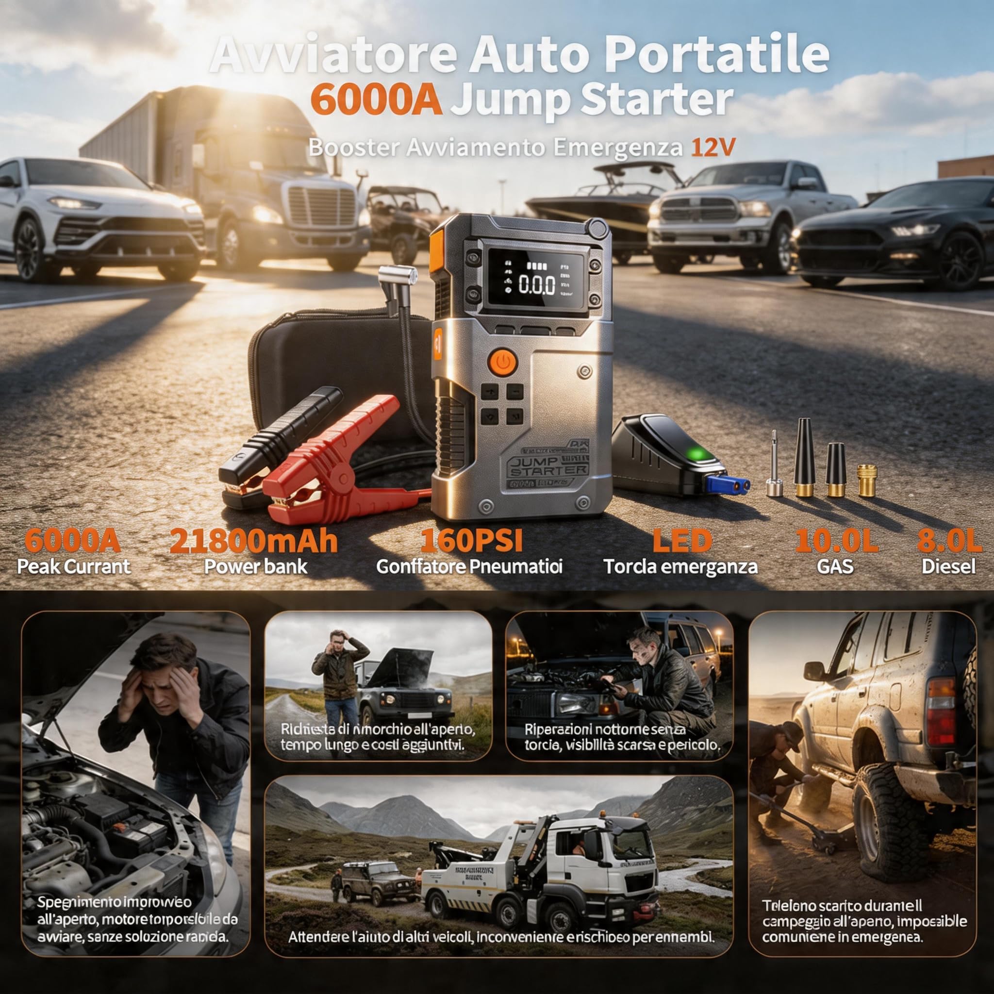 Avviatore Batteria Auto 6000A, Booster Avviatore Auto con Compressore 160PSI (per 12V 10.0L GAS e 8.0L DIESEL), Jump Starter 5V/3A,LED,Starter Batteria LCD,Avviatore Emergenza USB