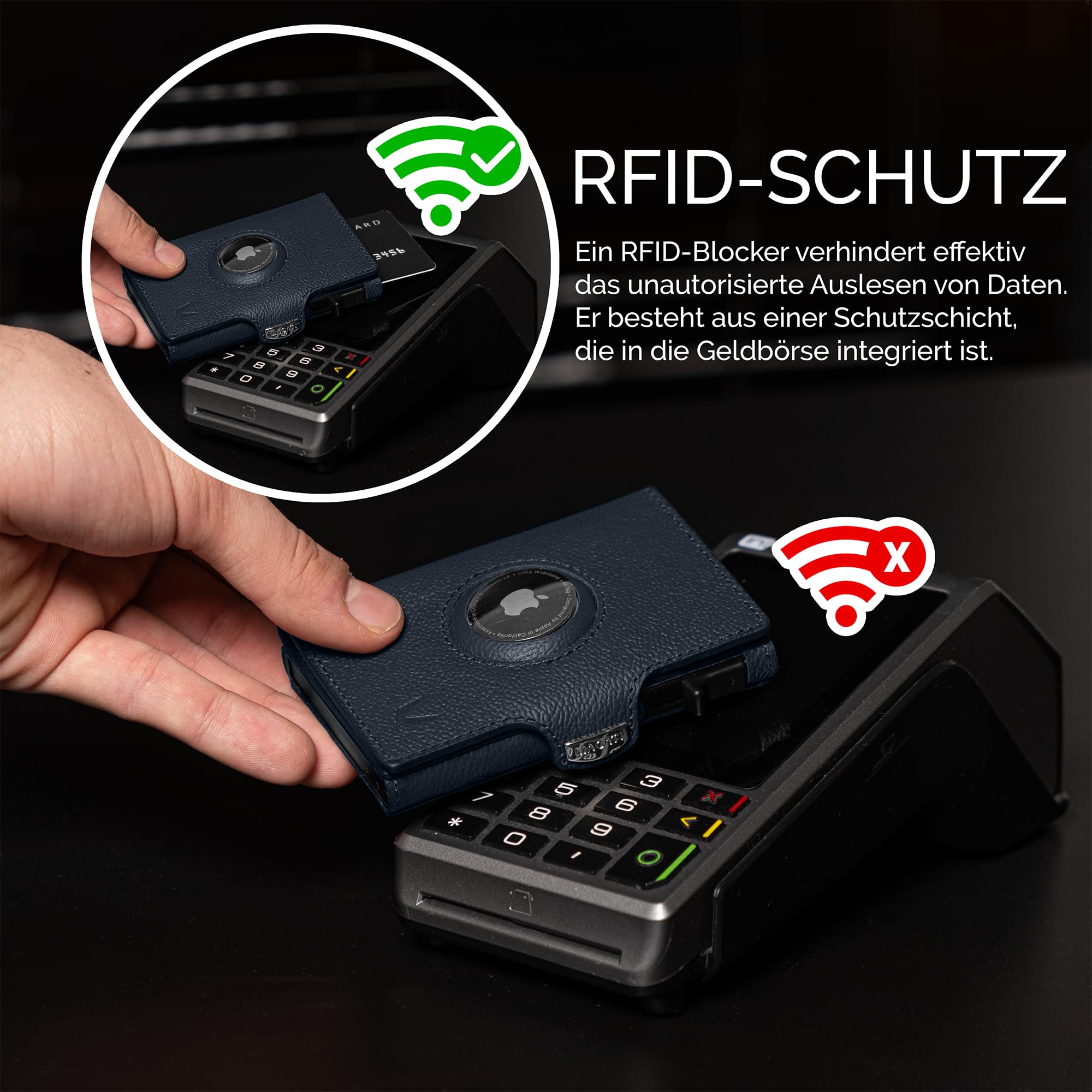 MAGATI Slim Wallet Zani mit AirTag Hülle aus Leder, inkl. Fundservice, Kartenetui mit Münzfach & RFID Blocker, Geldbörse für AirTag, Portmonee mit Kartenhalter & Geldscheinfach, Blau