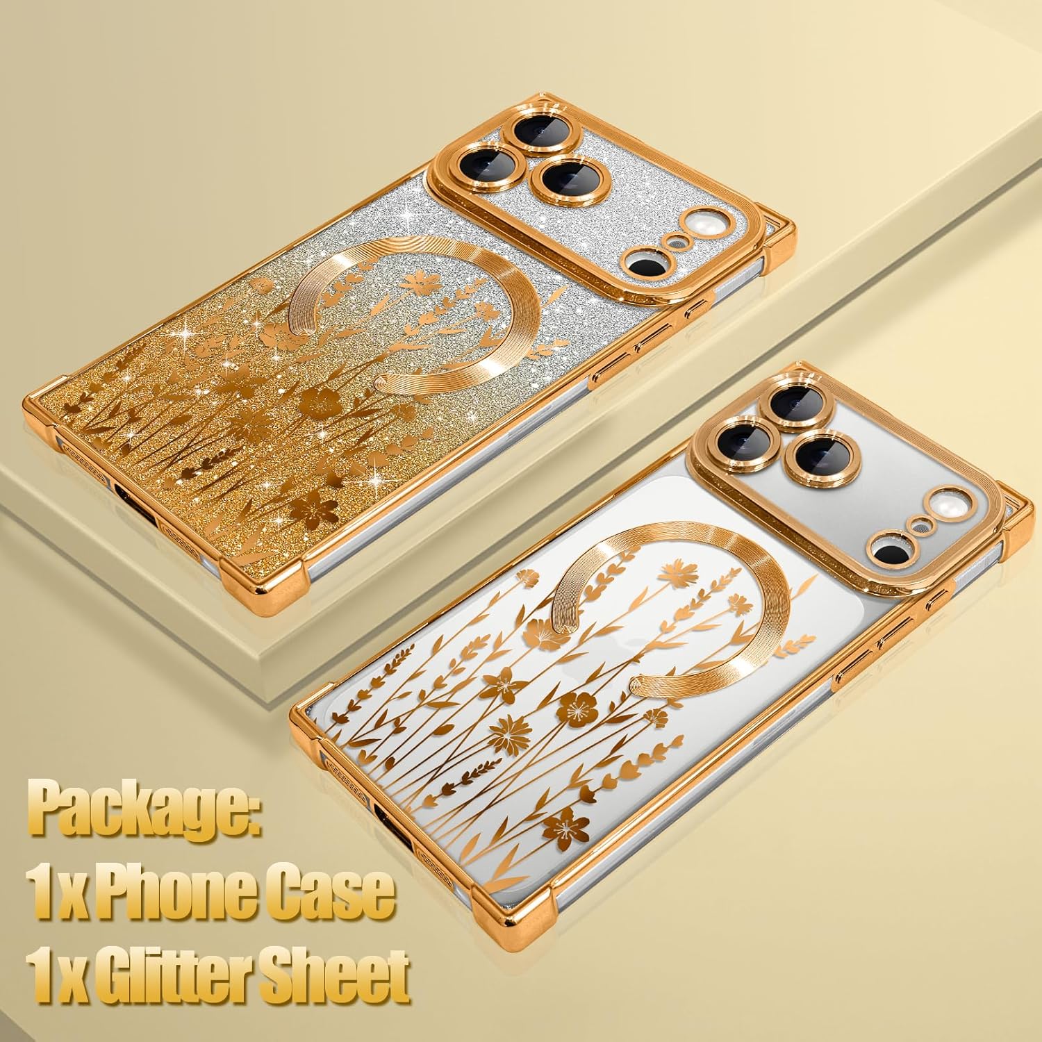 Magnetic Case Made for iPhone 17 Pro 6.3 Inch Glitter Phone Case with Gold Floral Cute Flowers Design Soft TPU Reinforced Corners Shockproof Anti-Scratch Bling Phone Cover for Women for iPhone 17 Pro Gold Flowers (Magnetic)