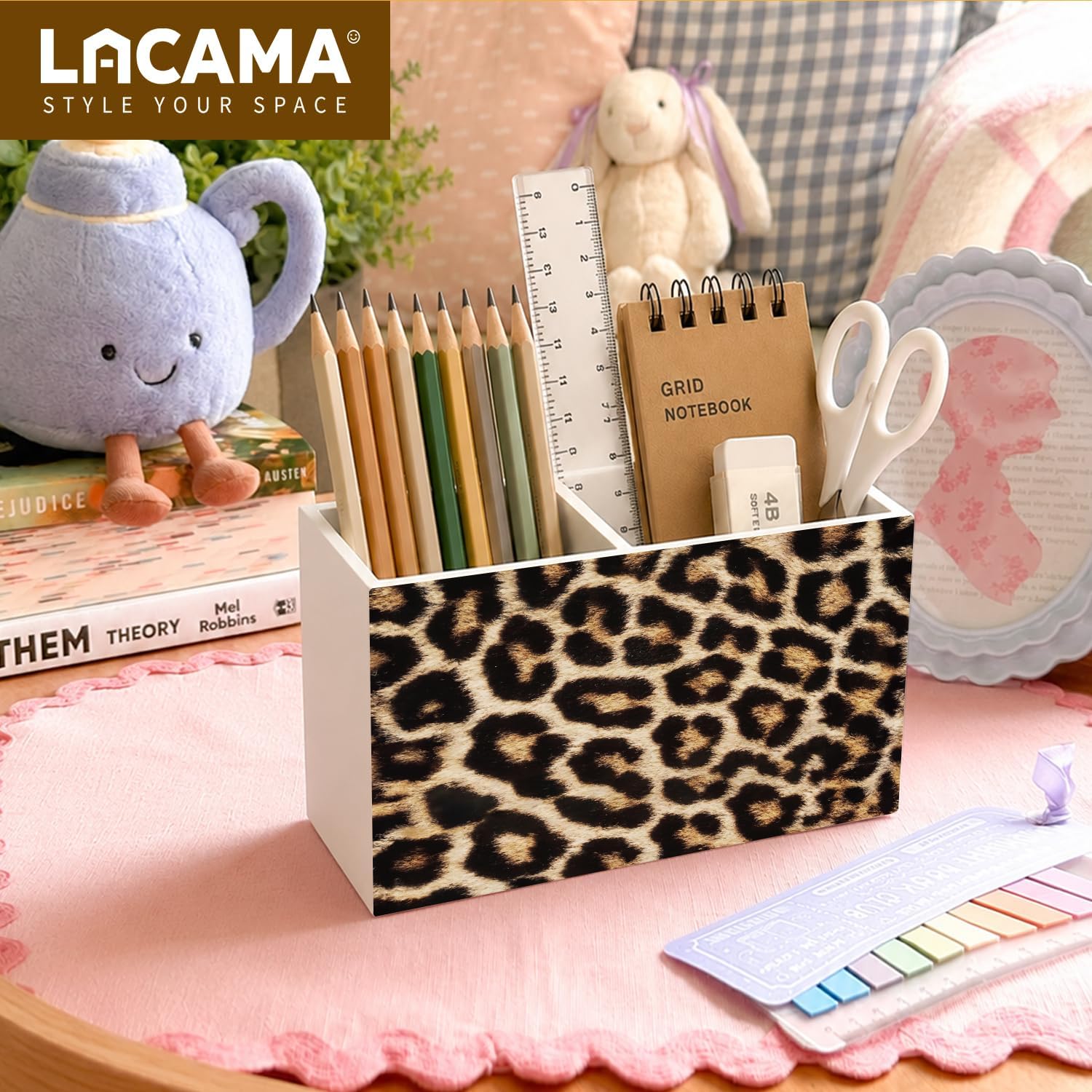 Lacama Leopard Print Floral Pen Pencil Holder for Desk Leopard Gifts for Women, Cheetah Room Decor Wooden Sign Decorations for Home Office Girls Room Bedroom Desk Tabletop image 3