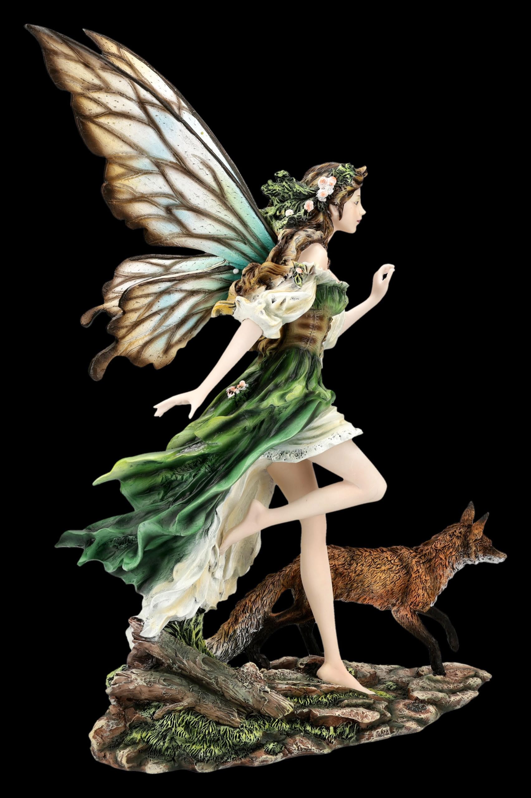 Figuren Shop GmbH Elfenfigur – Waldelfe Aelwen mit Fuchs – handbemalte Fantasy-Deko (40,5 cm) – Tales of Aurelion Collection – Geschenkidee für Elfen- & Naturfreunde