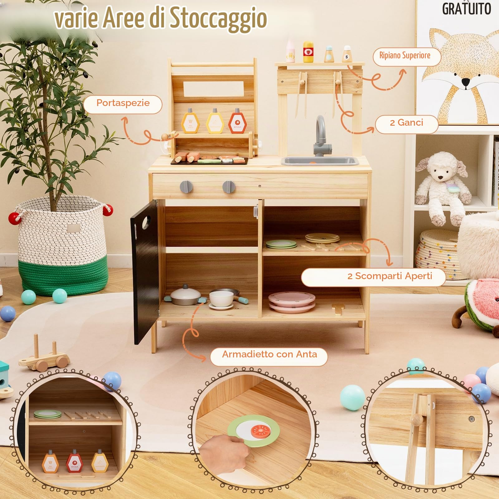 HOMASIS Cucina per Bambini da Esterno, Cucinetta da Gioco con Griglia, Lavagna e Lavello, Cucina Giocattolo con 27 Accessori per Bambini dai 3+ Anni in su, Naturale
