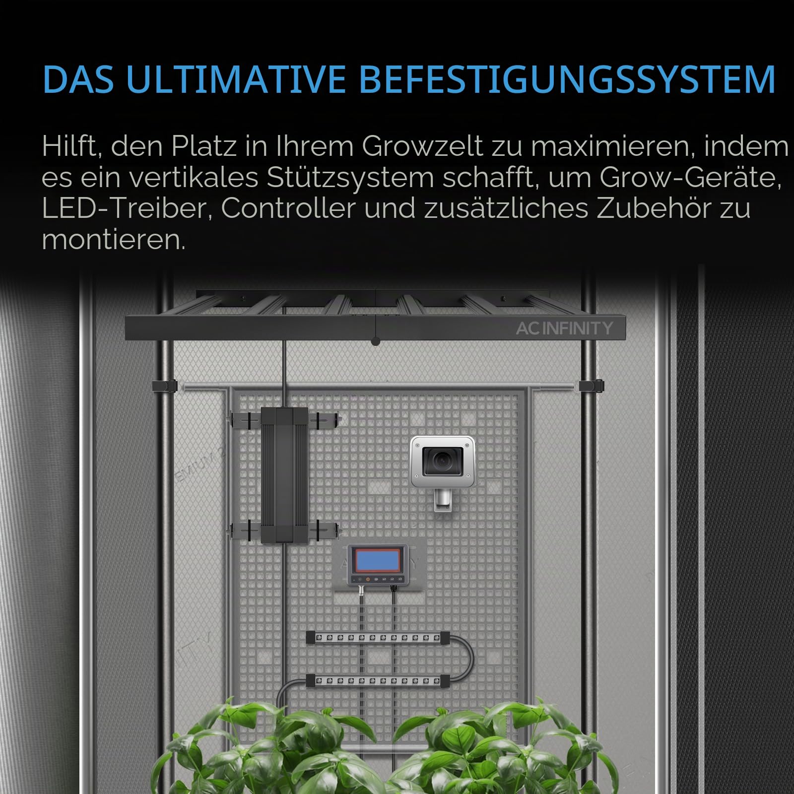 AC Infinity Gerätehalter für Growzelte Stahl Wandtafel Kabelmanagement 150 × 150 cm