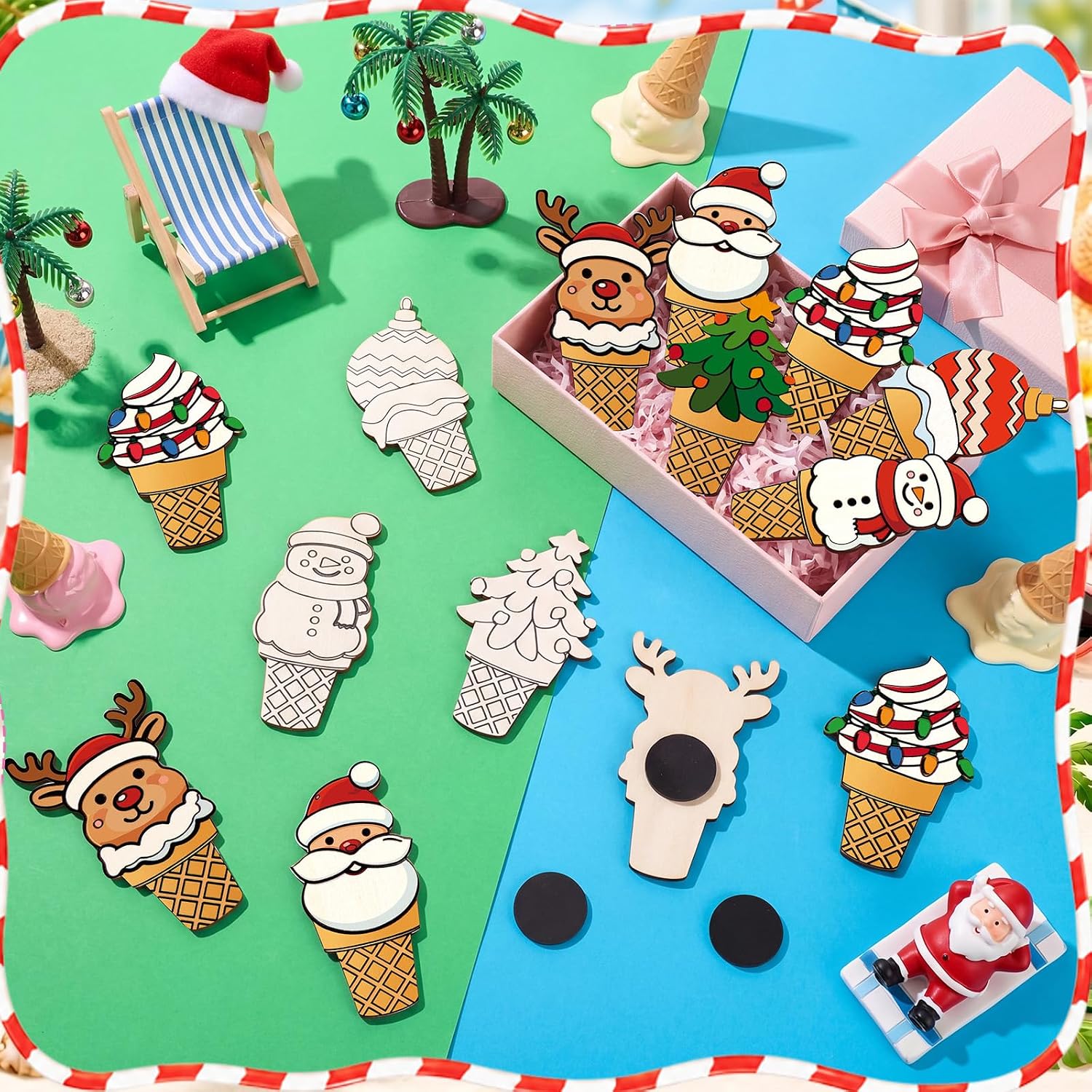 Xuhal 36 Set Christmas in July Wood Fridge Magnet Crafts Kit DIY Ice Cream Wooden Magnets to Paint Summer Christmas Party Decorations for Tropical Holiday Hawaiian Art Craft Supplies