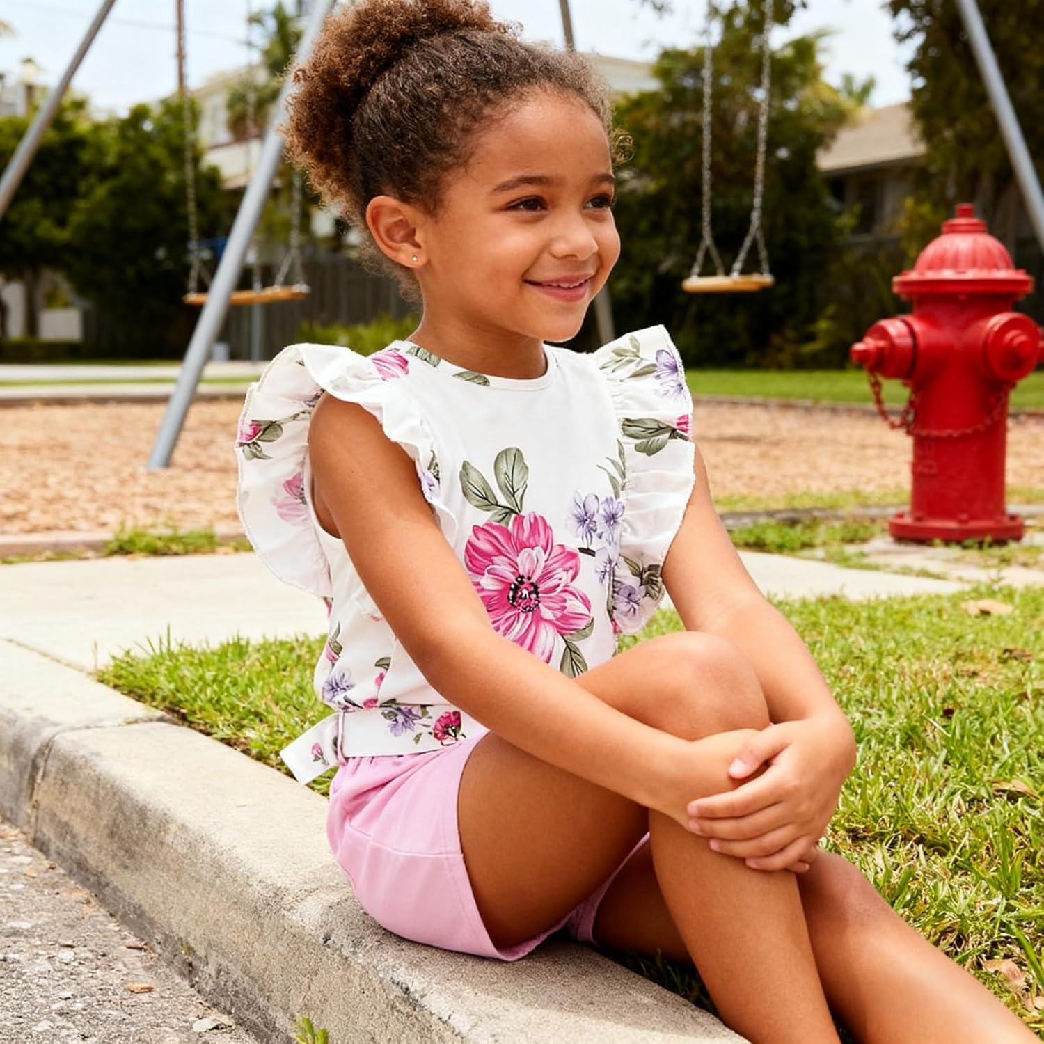 3-8T Toddler Kid Girl Outfits Clothes Ruffle Short Sleeve Floral T-Shirt Top Summer Shorts with Belt - Image 2