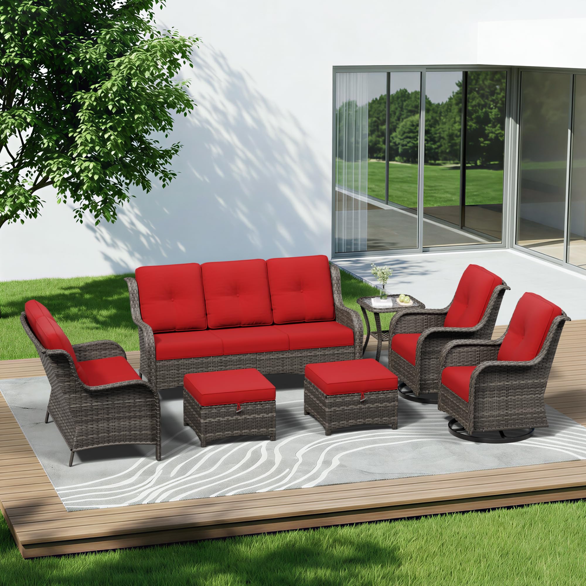 7 Piece Outdoor Wicker Patio Furniture Set, Outdoor Swivel Rocker Patio Chairs Set with Thickened Olefin Cushions, High Back and Deep Seating, Hand-Woven PE Rattan for Porch, Deck