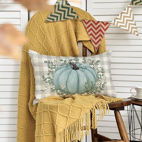 Miniatura 3 de AVOIN colorlife Funda de almohada de hojas de eucalipto de calabaza verde azulado de 12 x 20 pulgadas, decoración de otoño y otoño, cosecha de