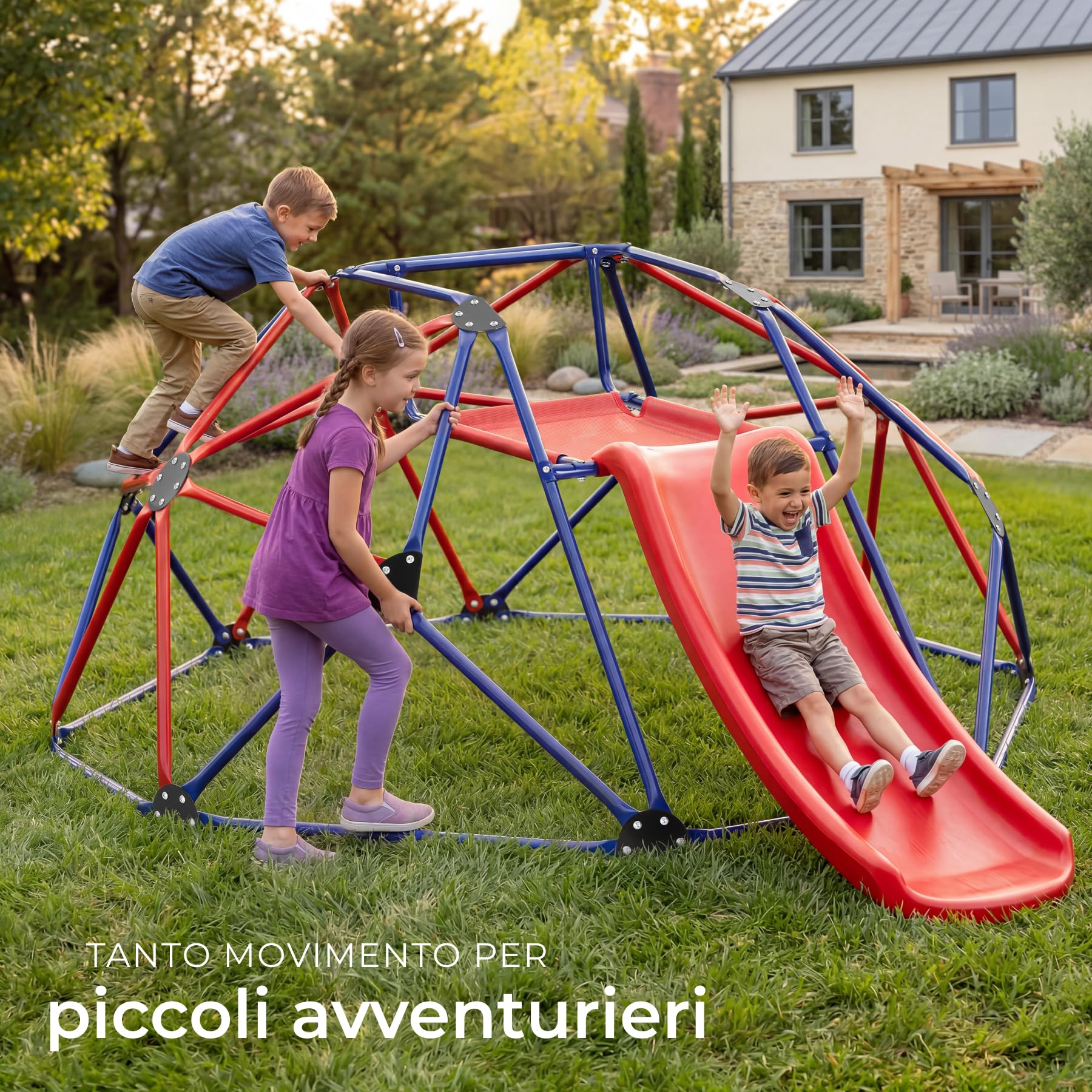 tectake® Cupola di Arrampicata Outdoor e Scivolo 185x243x90 cm, Giochi da Giardino in Acciaio con Scivolo Bambini, Giochi da Esterno e Interno per Arrampicata per Bambini, Portata 150 kg - Rosso e Blu